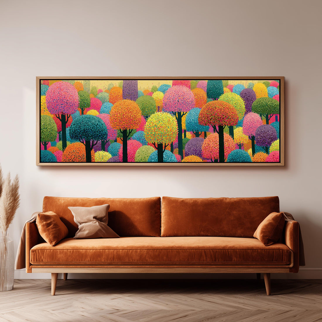 Rainbow pointillist forest long horizontal canvas print above a sofa in a living room