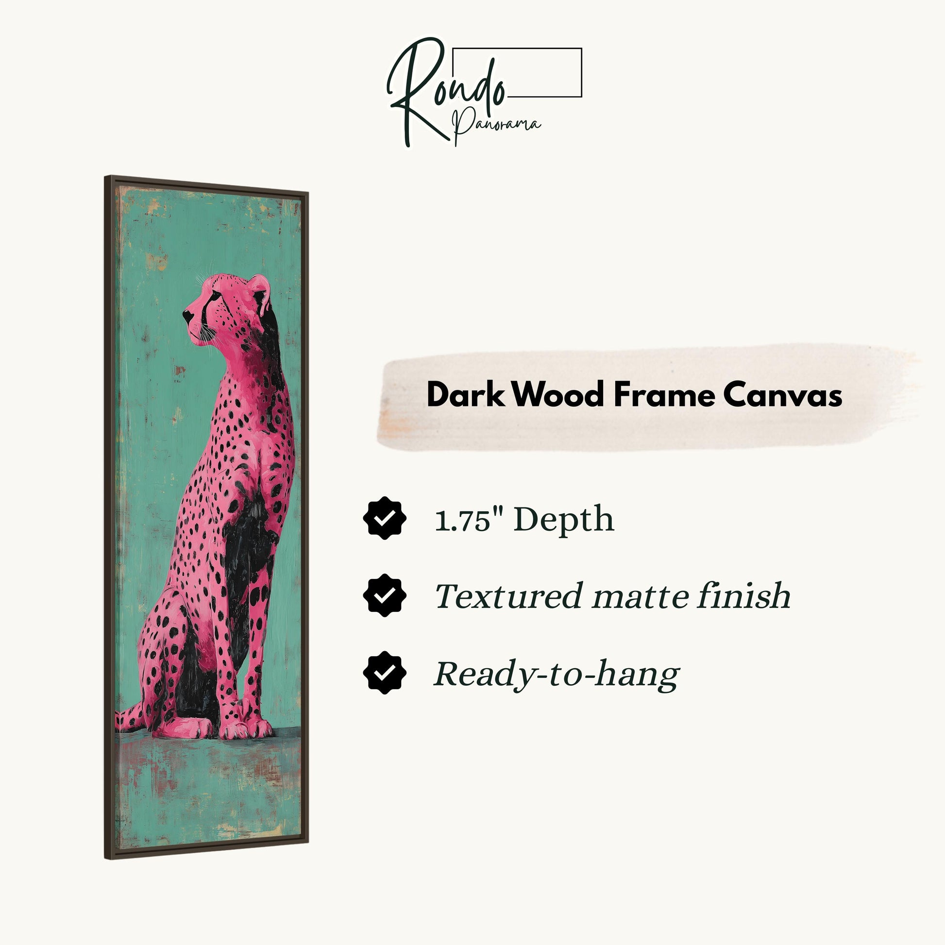 a pink cheetah in a dark wood frame, with a description of the frame and its features.