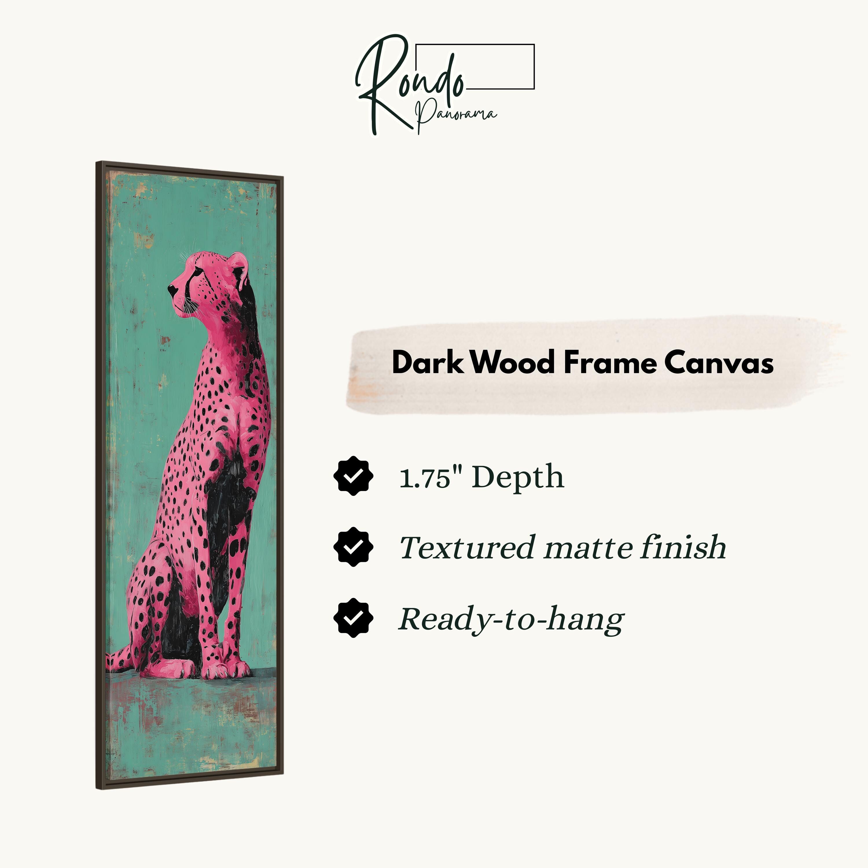 a pink cheetah in a dark wood frame, with a description of the frame and its features.