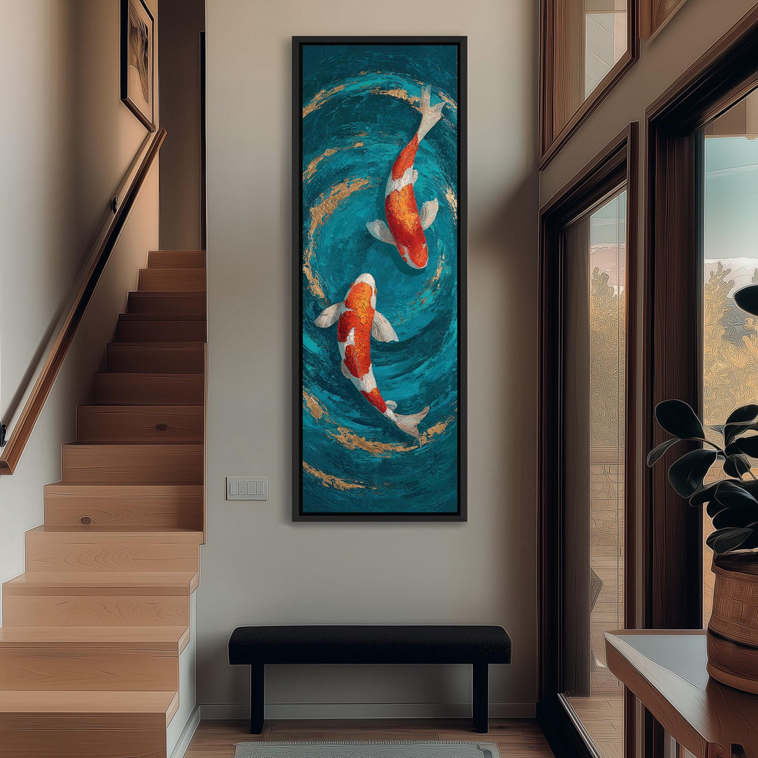 a large painting of two koi fish swimming in a blue and gold pond, hanging on a wall in a room with a wooden cabinet and a vase of flowers.