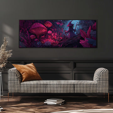 a large, colorful painting of a mushroom forest hanging on a wall above a black and white checkered sofa.