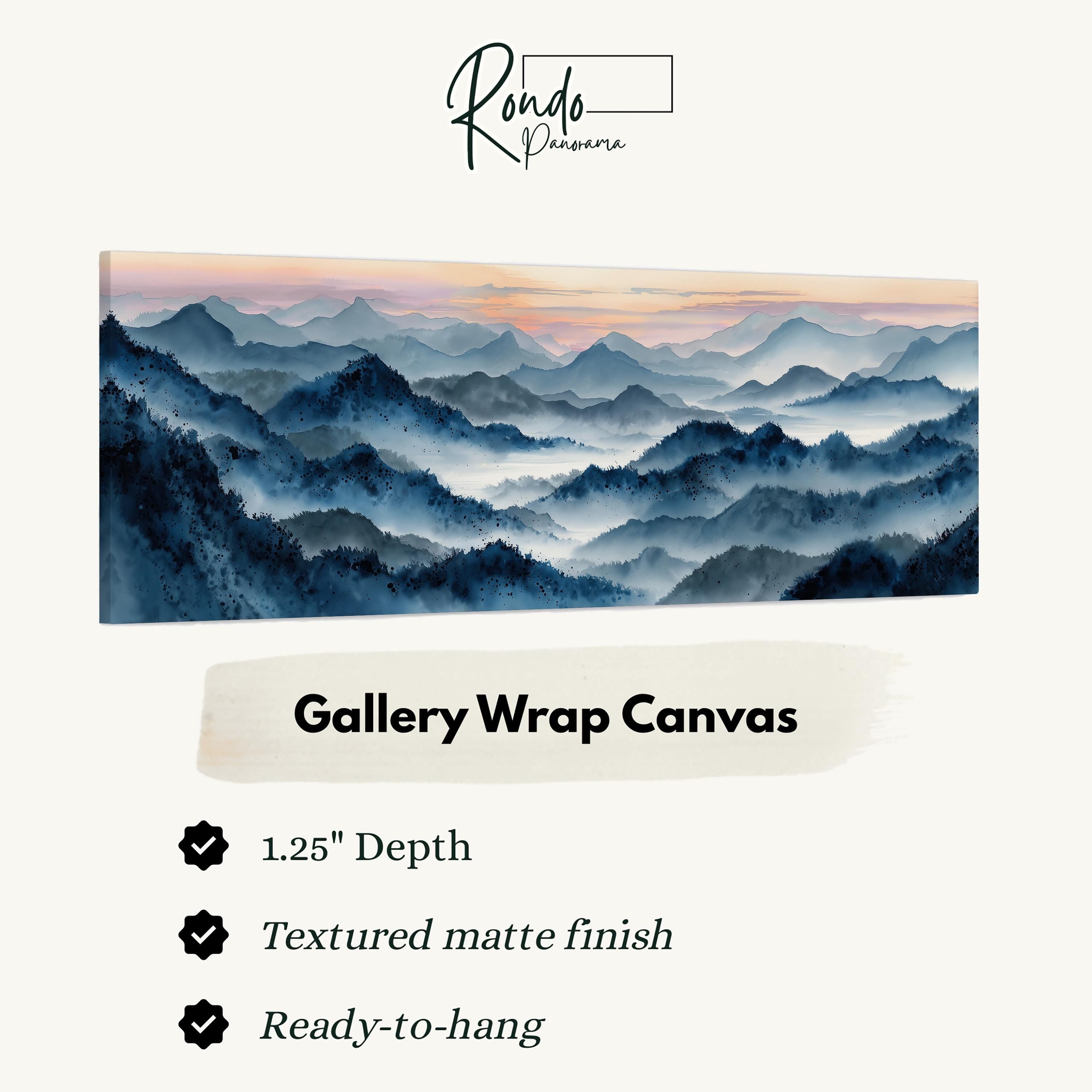 The image is a watercolor painting of a mountainous landscape with a hazy, misty atmosphere.