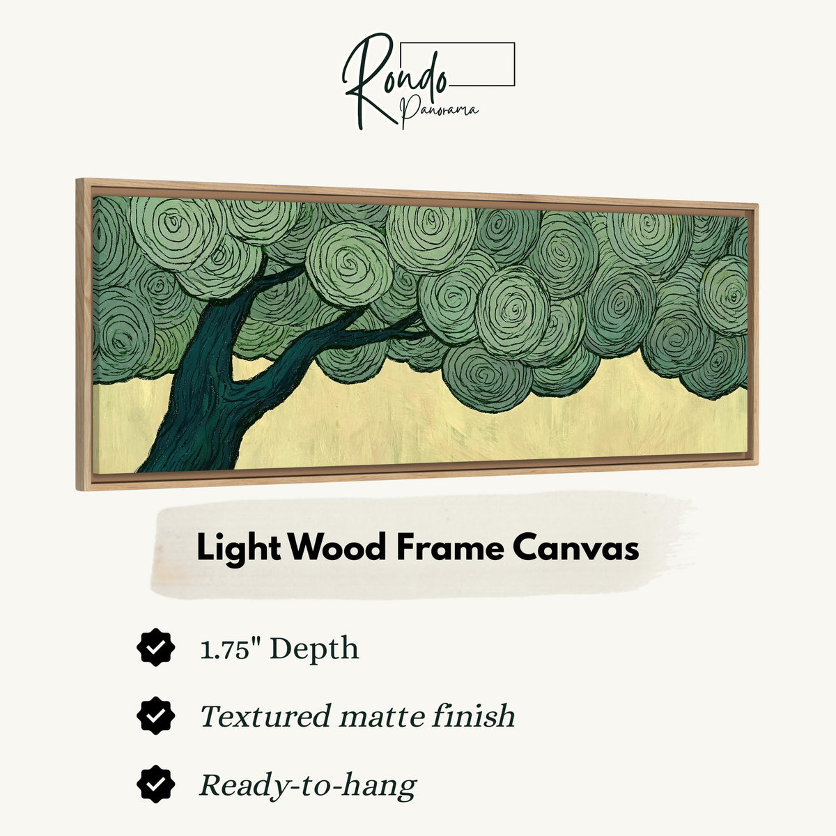 Tree with a swirling green canopy canvas print in a light wood floating frame
