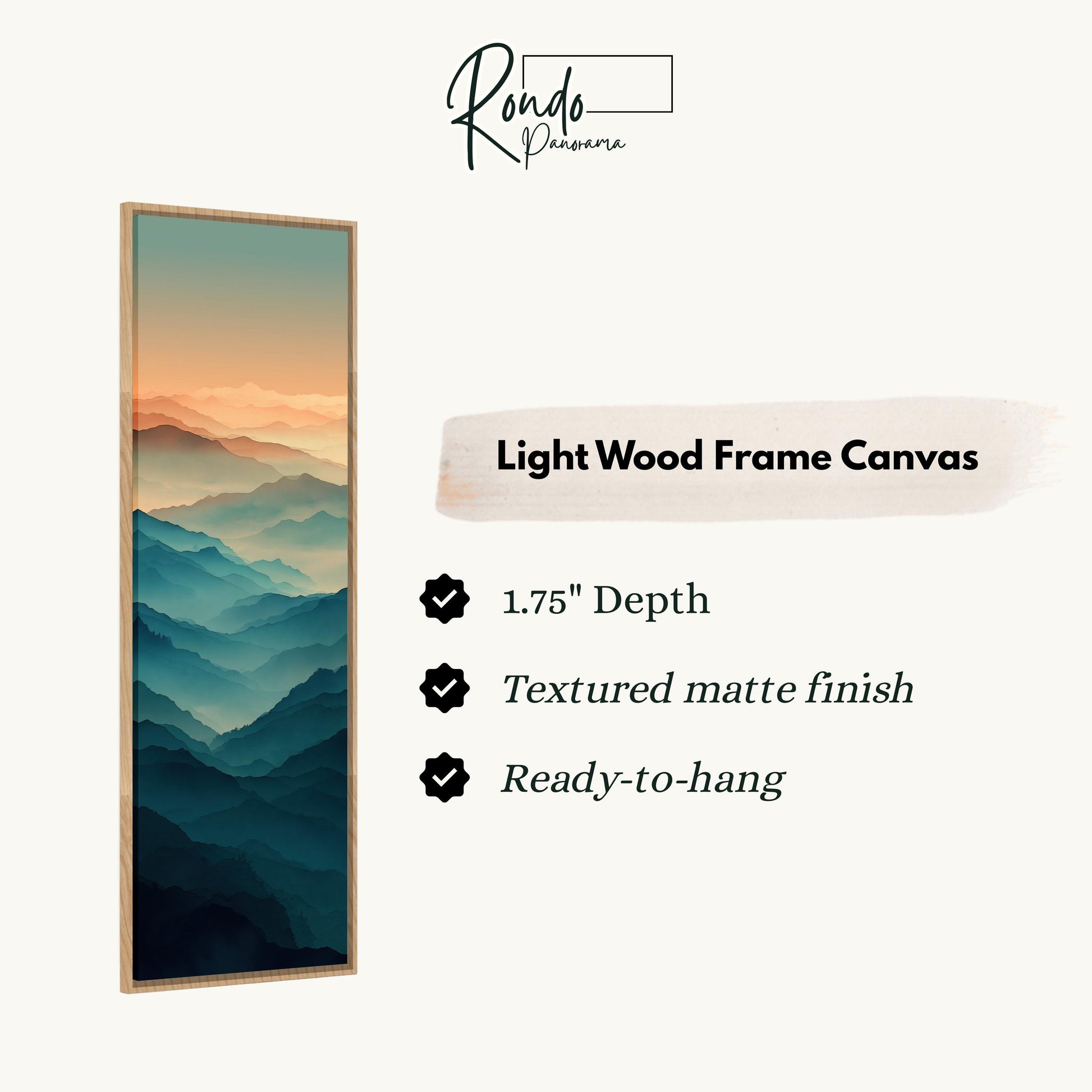 The image is a vertical text box containing information about a light wood frame canvas.