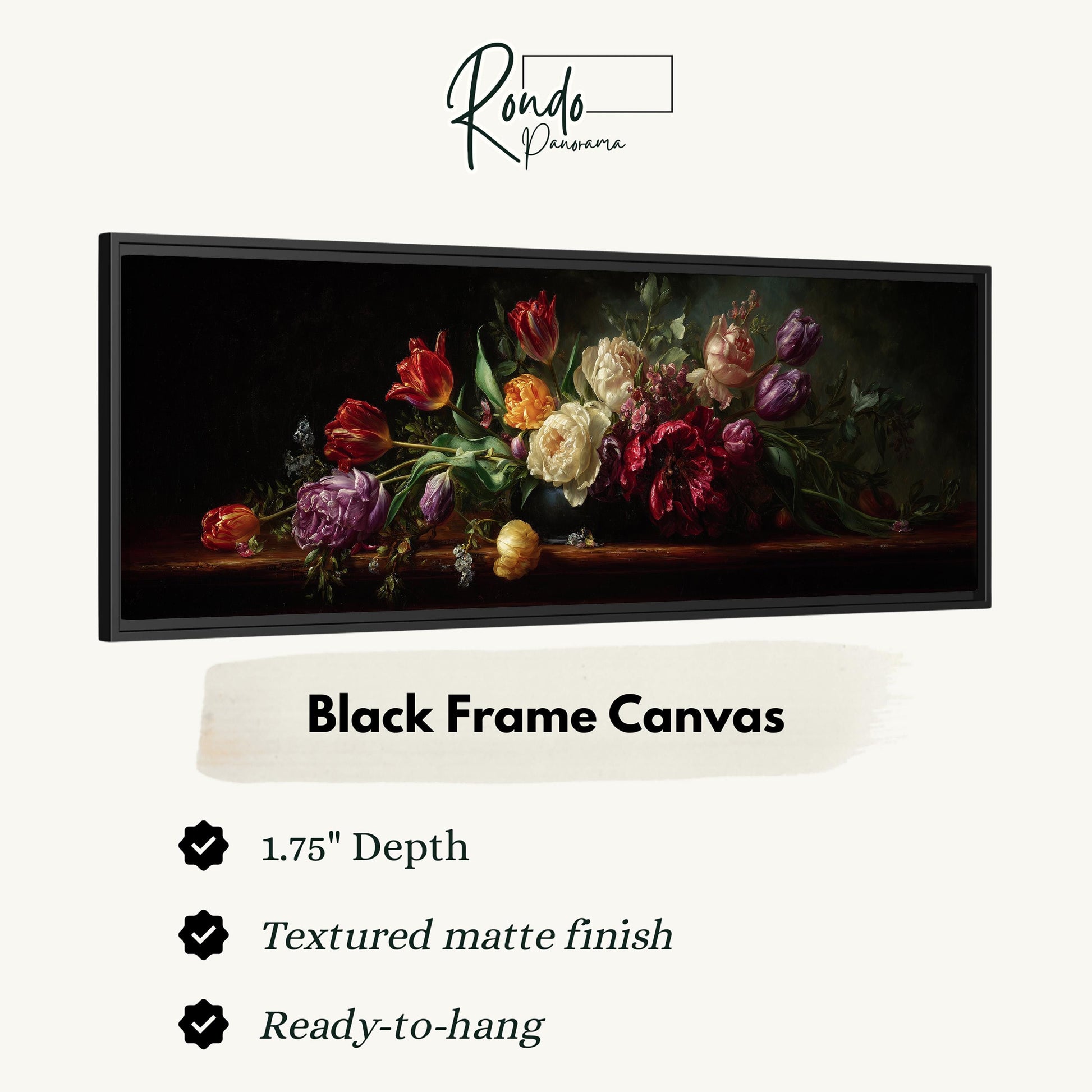 The image is a black frame canvas featuring a painting of a bouquet of colorful flowers, including red, pink, yellow, and purple blooms, arranged on a wooden surface.