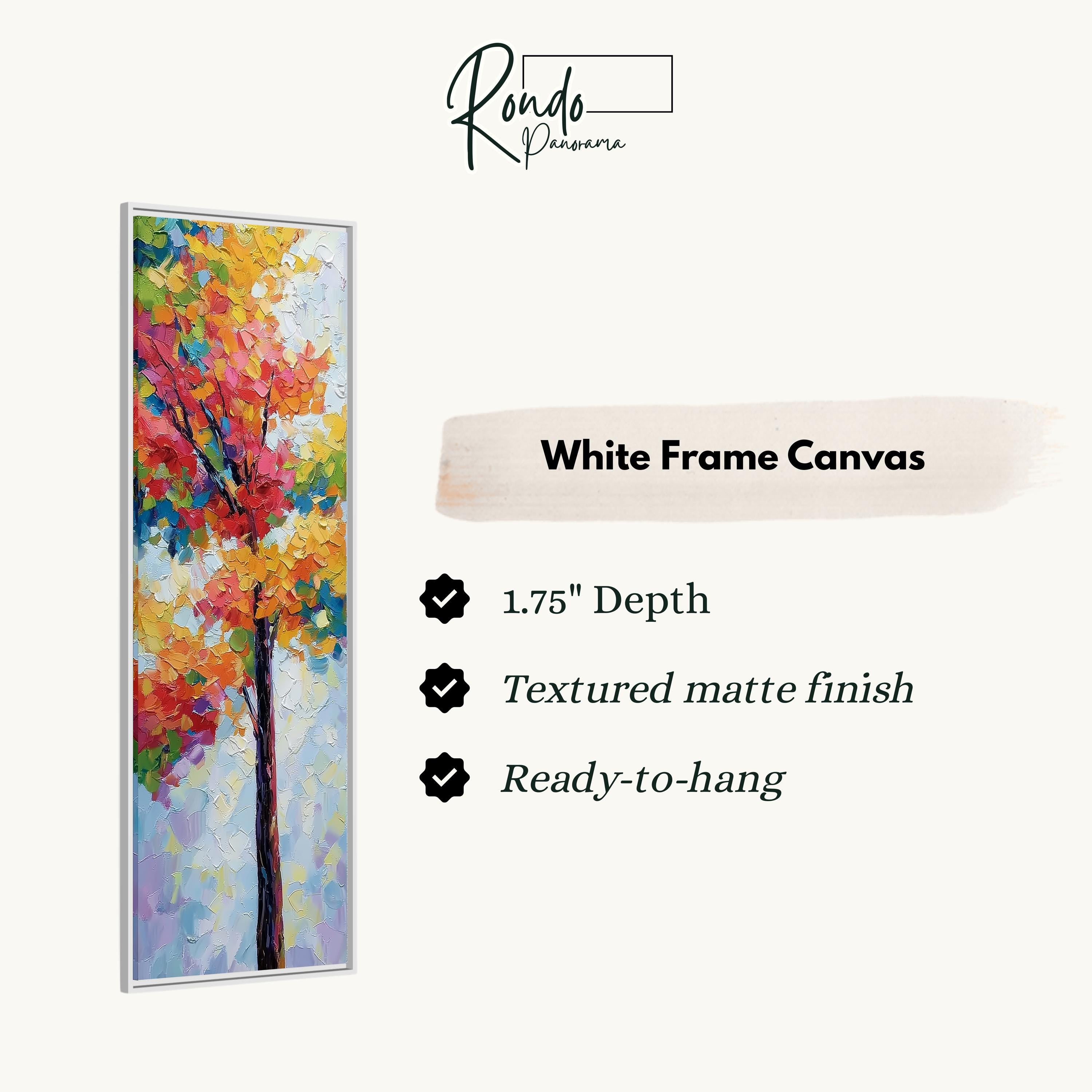 The image is a white frame canvas with a painting of a tree in the center. The painting has a 1.75" depth and is textured with a matte finish, making it ready to hang.
