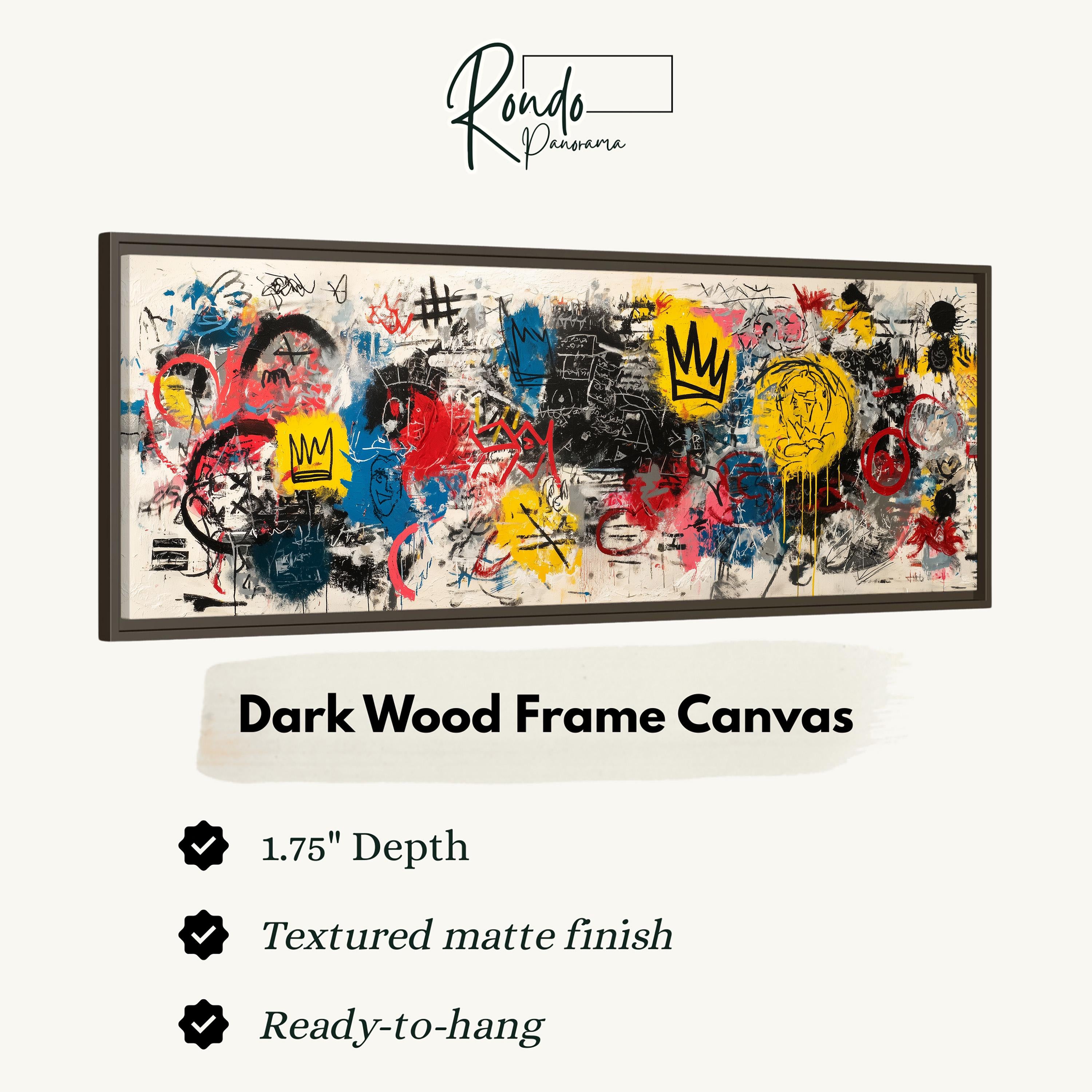 The image is a framed artwork with a dark wood frame, featuring a vibrant and colorful abstract painting with various shapes, splatters, and graffiti-like elements.