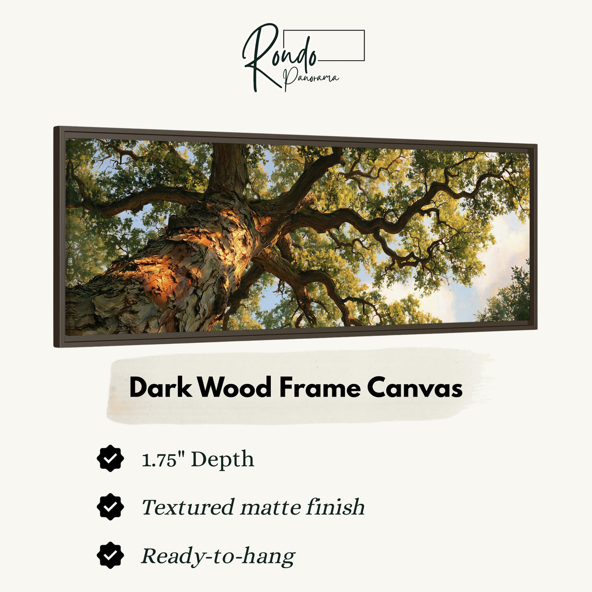 Twisting oak branch from below canvas print in a dark wood floating frame