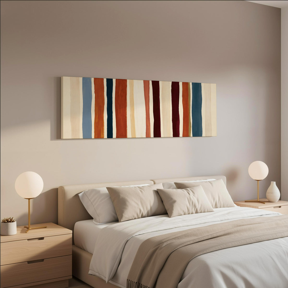 Rust, navy and maroon stripes wide panoramic canvas print above a bed in a neutral bedroom