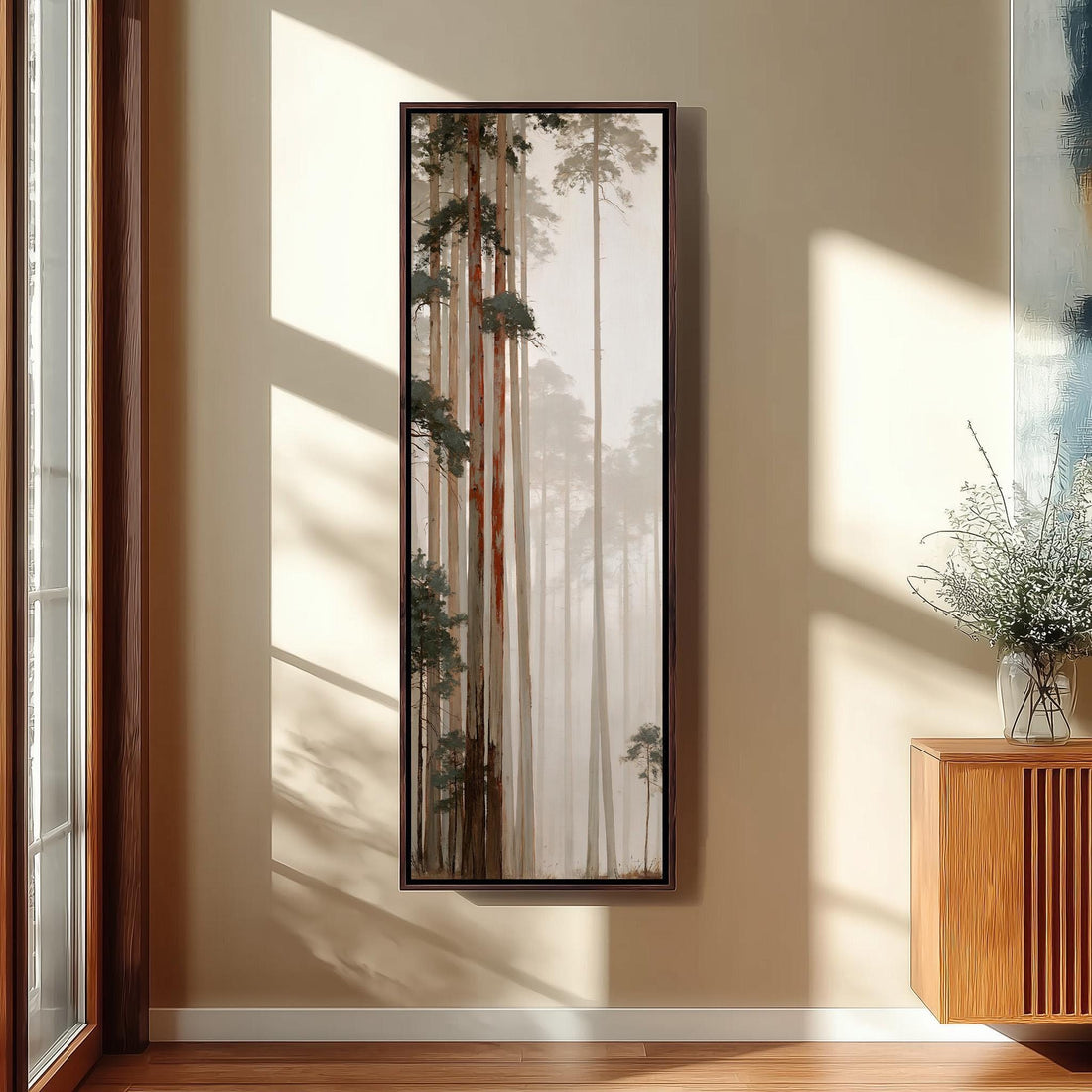 Redwood trunks in fog long vertical canvas print in a sunlit living space