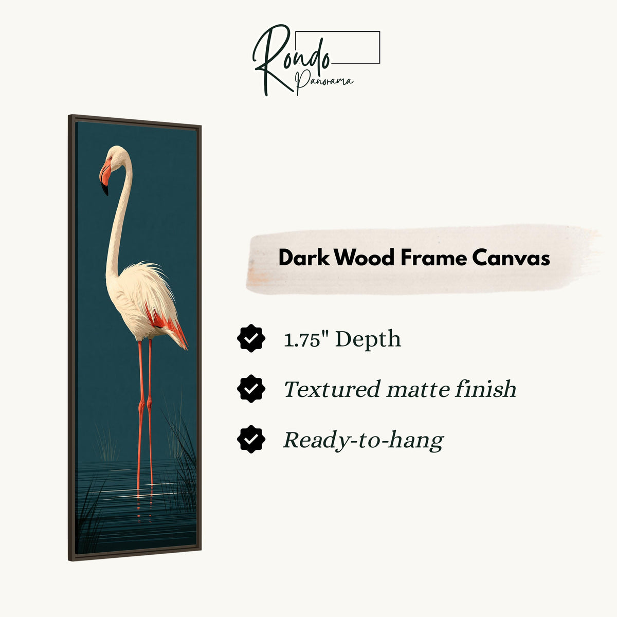 Pale flamingo standing on dark teal canvas print in a dark wood floating frame