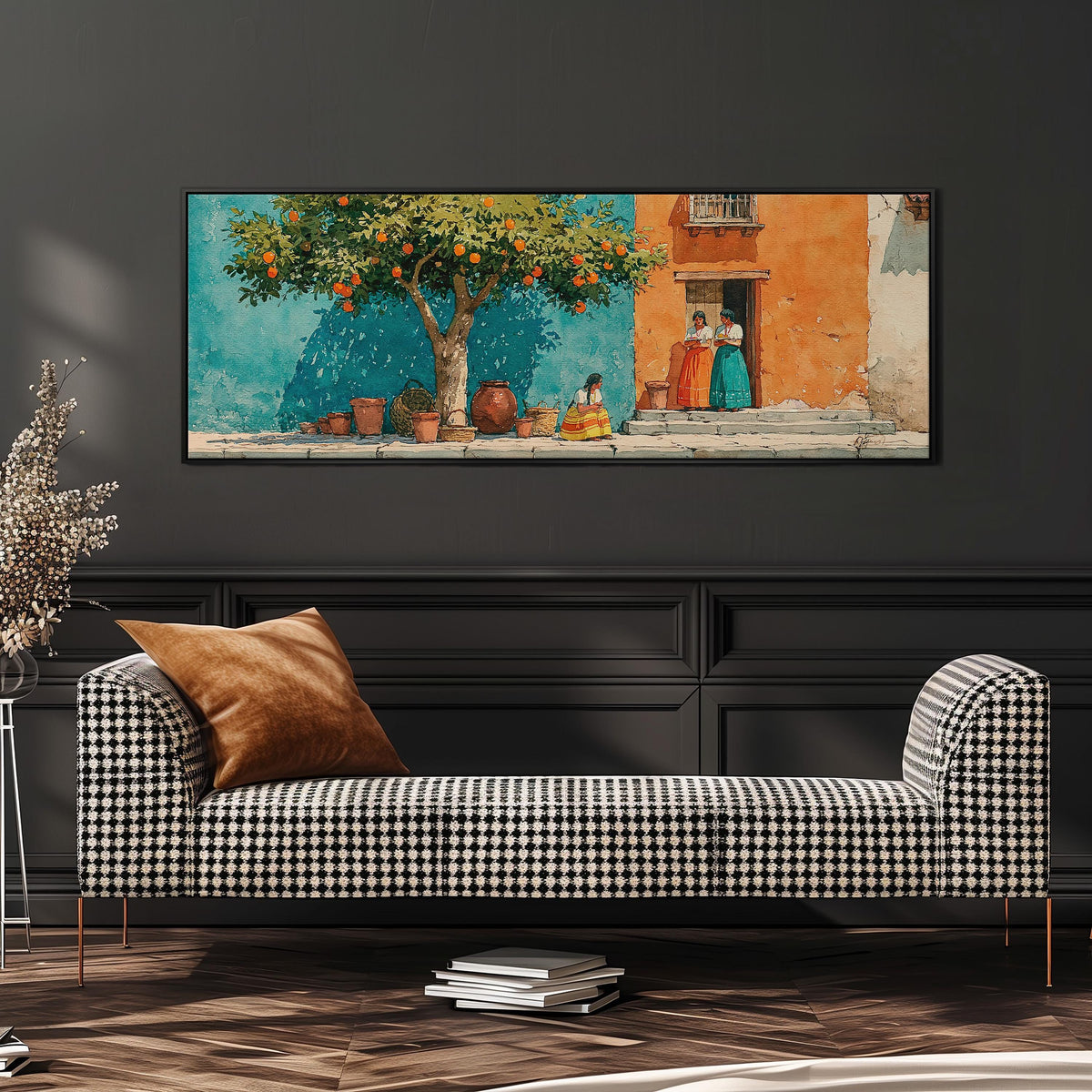 Orange tree on a colorful village street wide panoramic canvas print above a bench in a dark living room