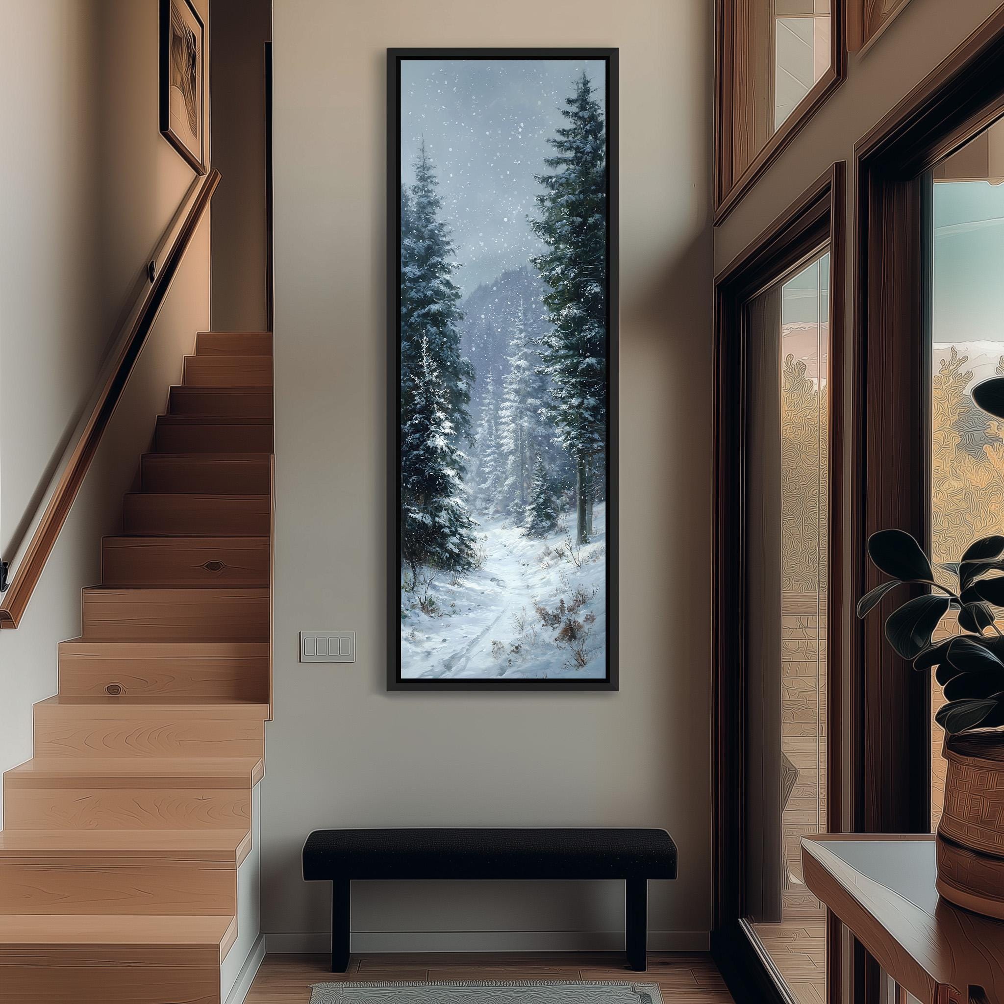 a serene winter scene with a snowy forest, featuring tall trees and a winding path covered in snow.