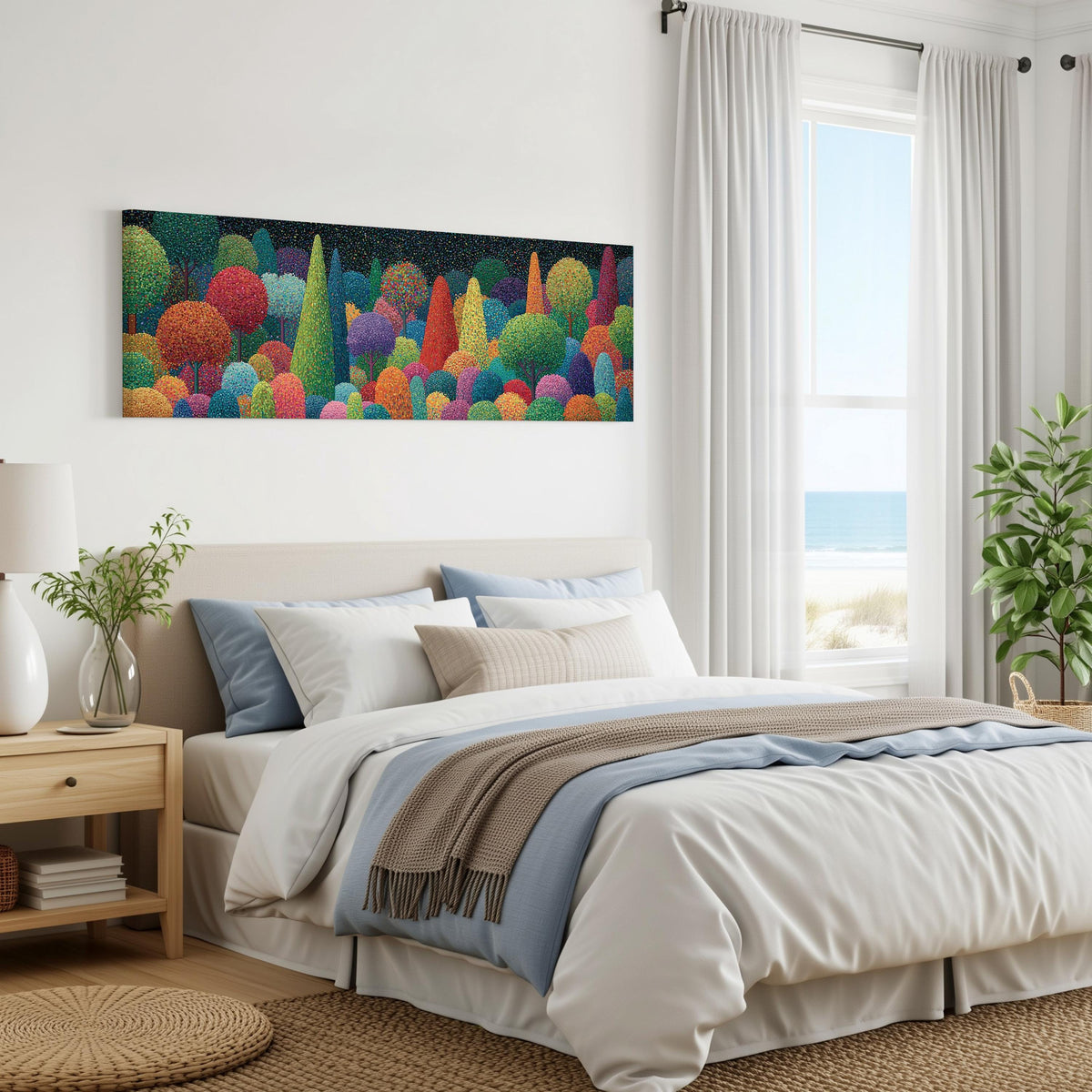 Whimsical rainbow pointillist forest panoramic canvas print above a bed in a coastal bedroom
