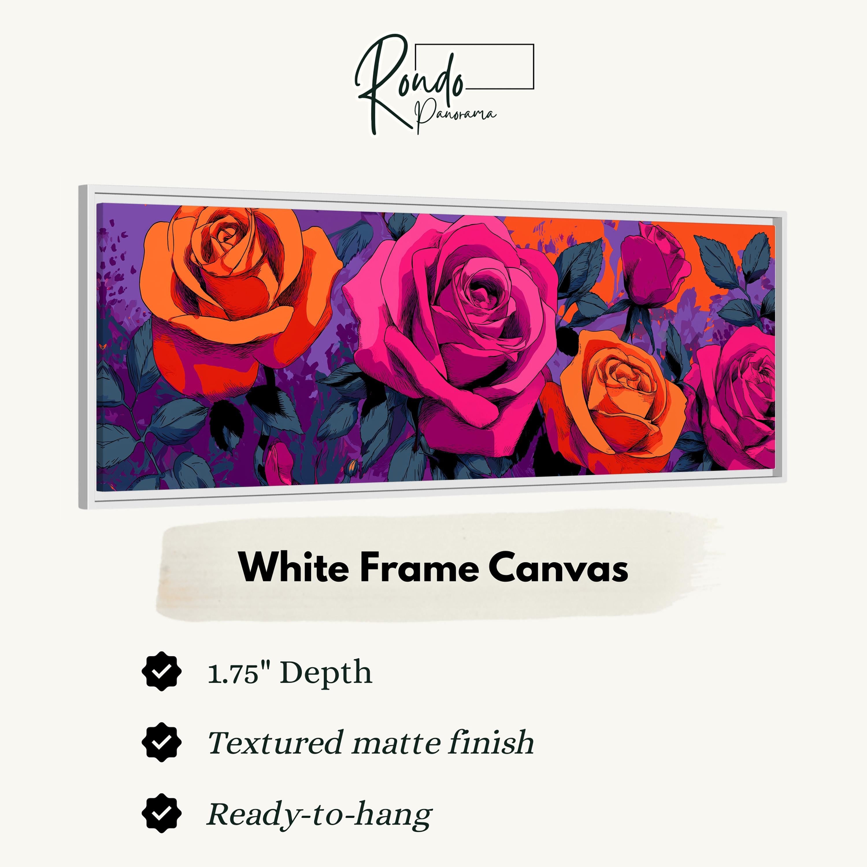 The image is a white frame canvas featuring a vibrant illustration of pink and orange roses against a purple background.
