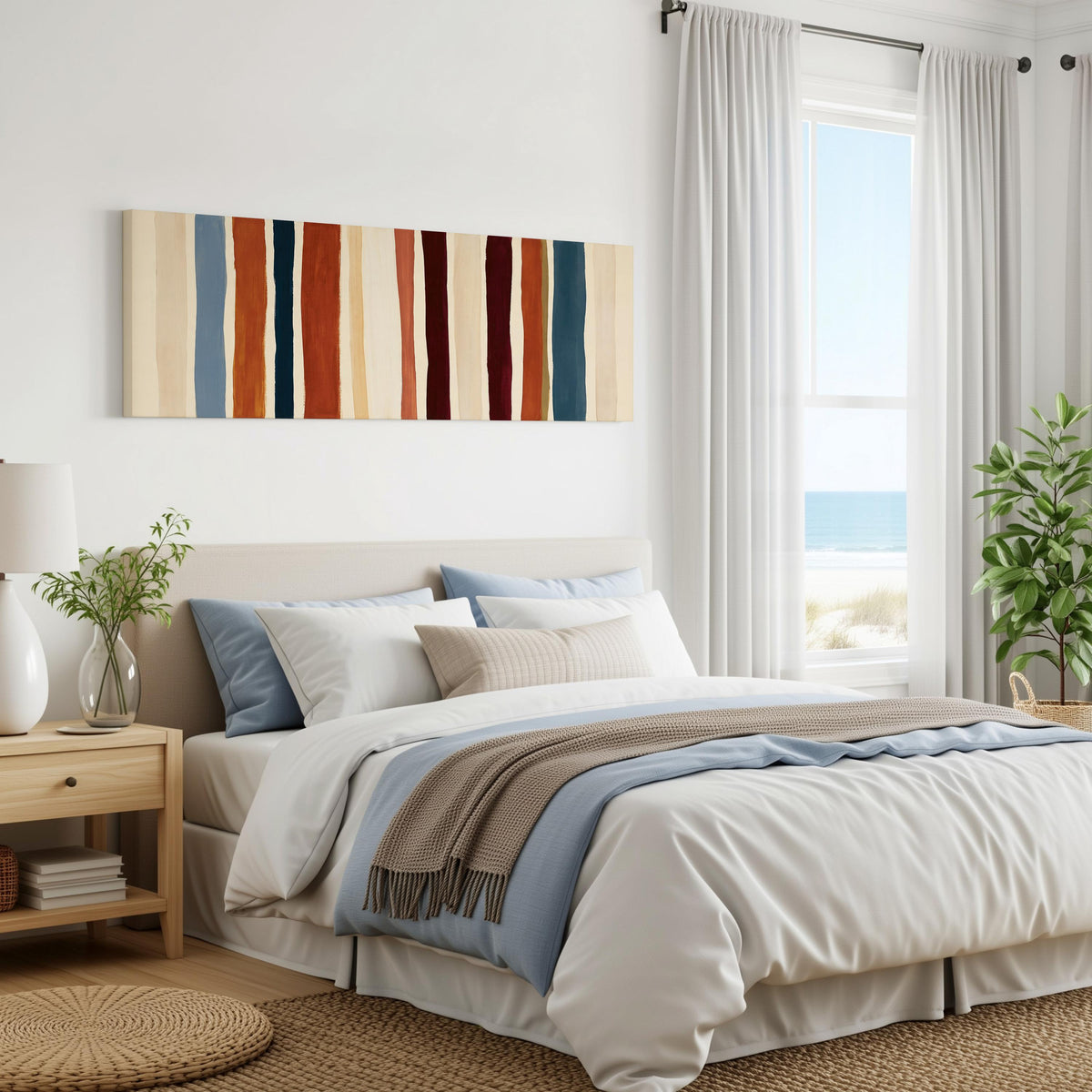 Rust, navy and maroon stripes panoramic canvas print above a bed in a coastal bedroom