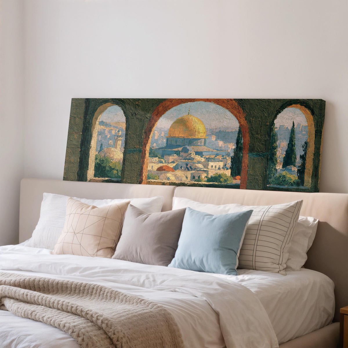 Dome of the Rock seen through stone arches wide panoramic canvas print above a bed in a bedroom