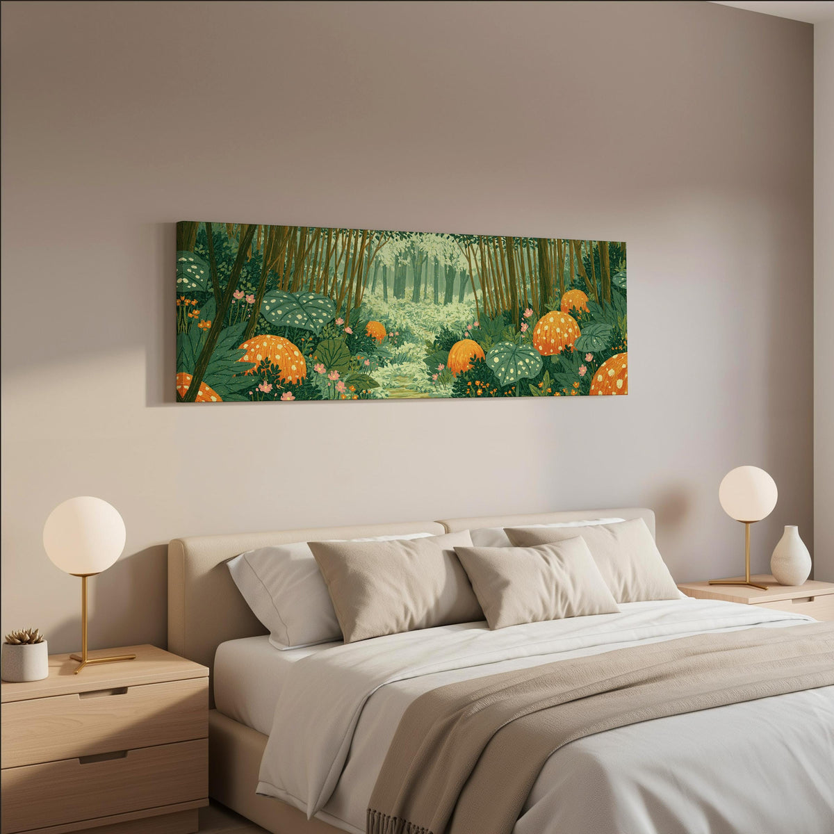 Amber mushroom forest wide panoramic canvas print above a bed in a neutral bedroom