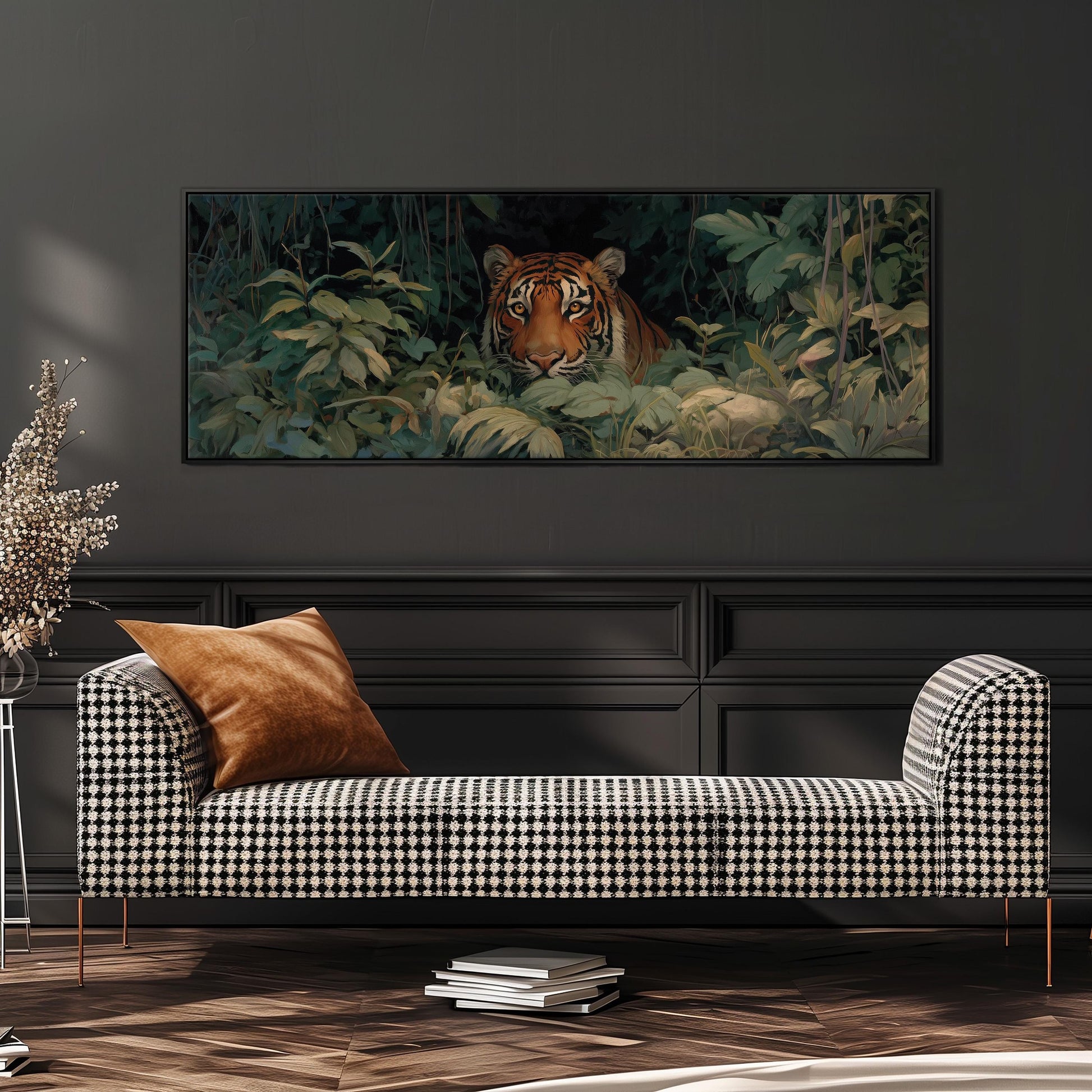 a large painting of a tiger in a jungle setting, hanging on a wall above a black and white checkered sofa.