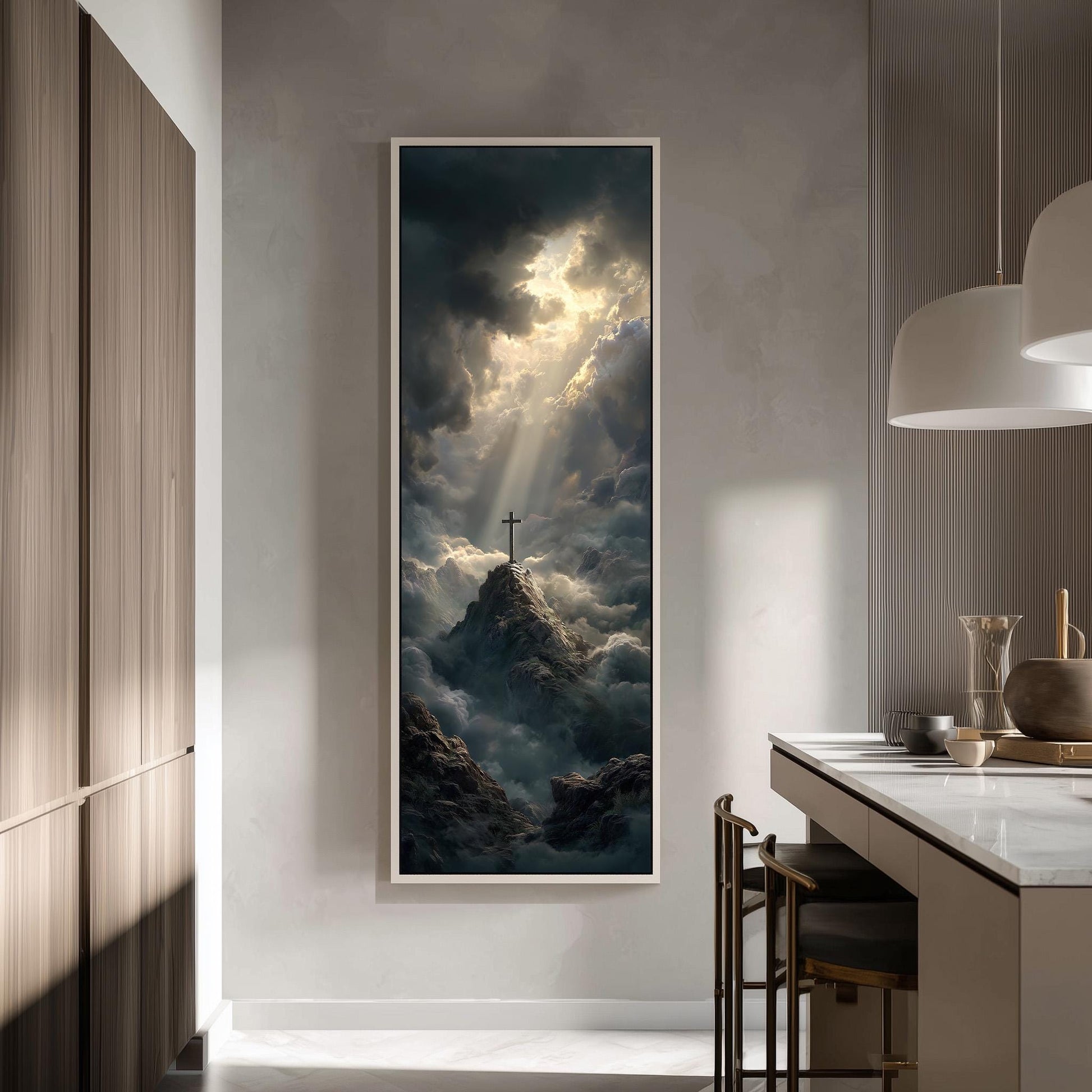 a large framed painting of a mountain with a cross on top, set against a dramatic cloudy sky.