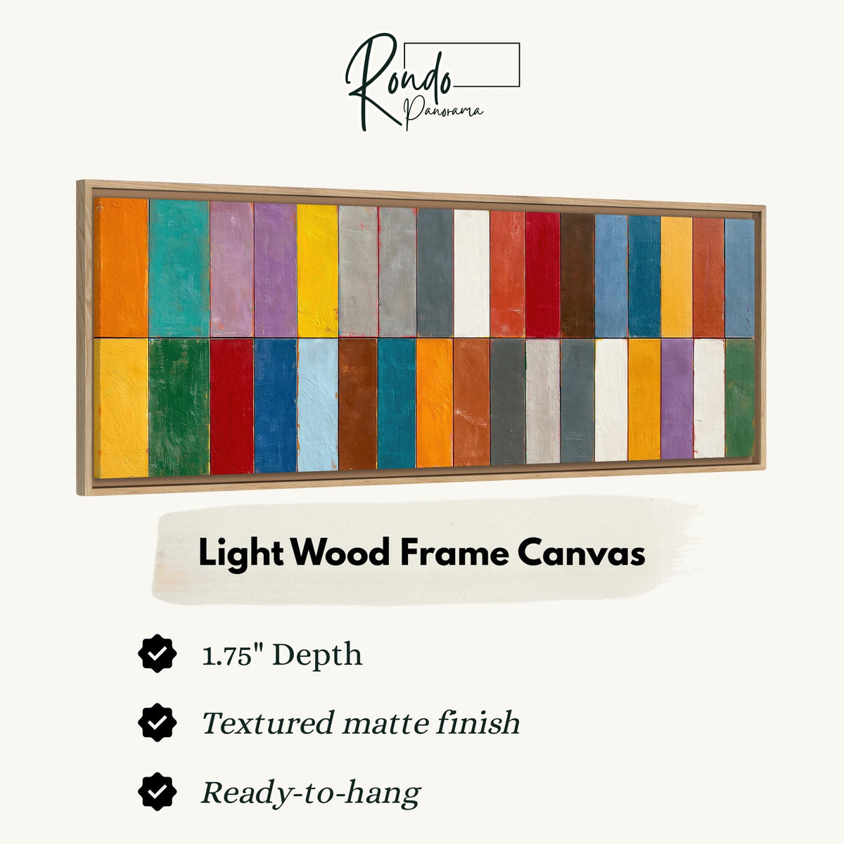 Bright color block rows canvas print in a light wood floating frame