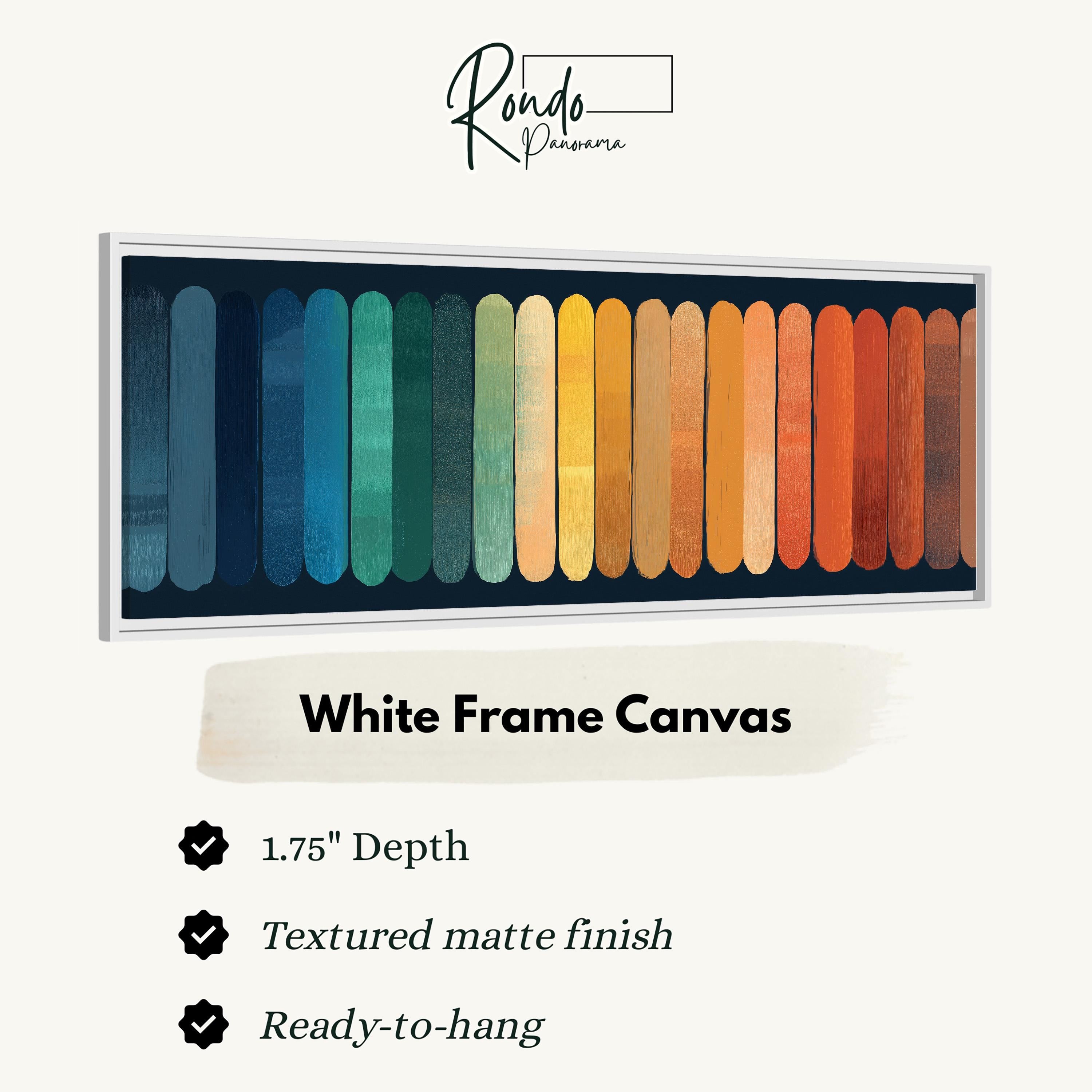 The image is a framed artwork featuring a series of vertical lines in various colors, including blue, green, orange, and yellow.
