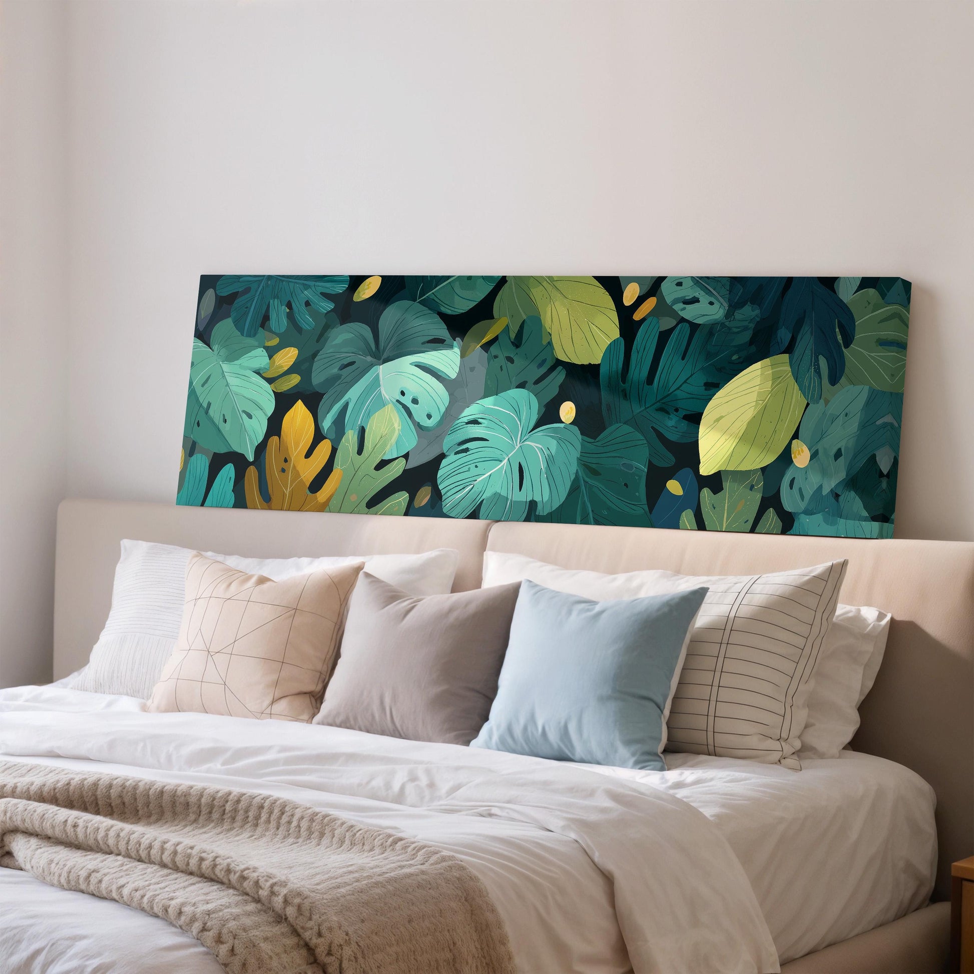 a large bed with a colorful tropical leaf pattern on the headboard, creating a vibrant and lively atmosphere in the bedroom.