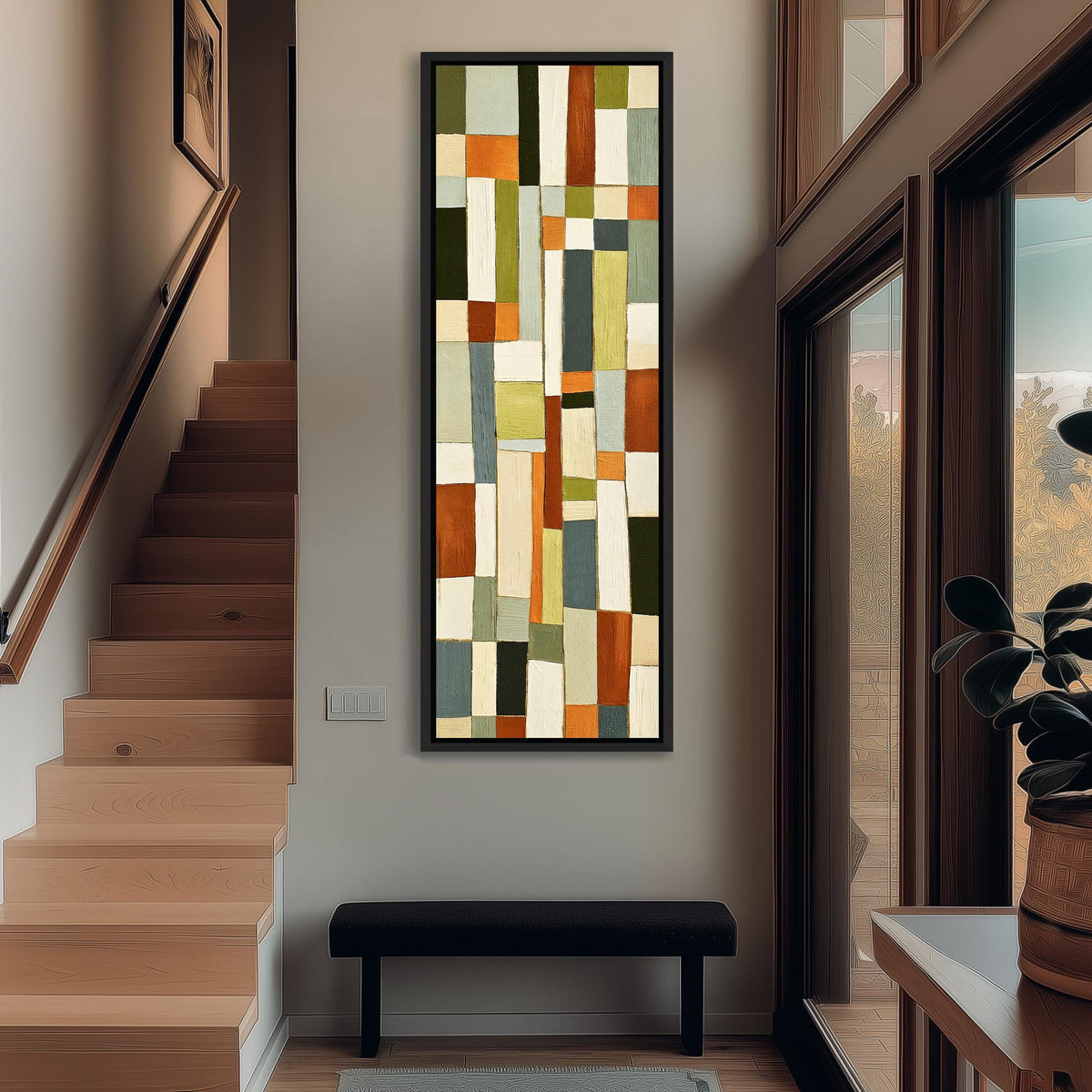 Muted sage, terracotta and cream block grid tall narrow canvas print beside a staircase in an entryway