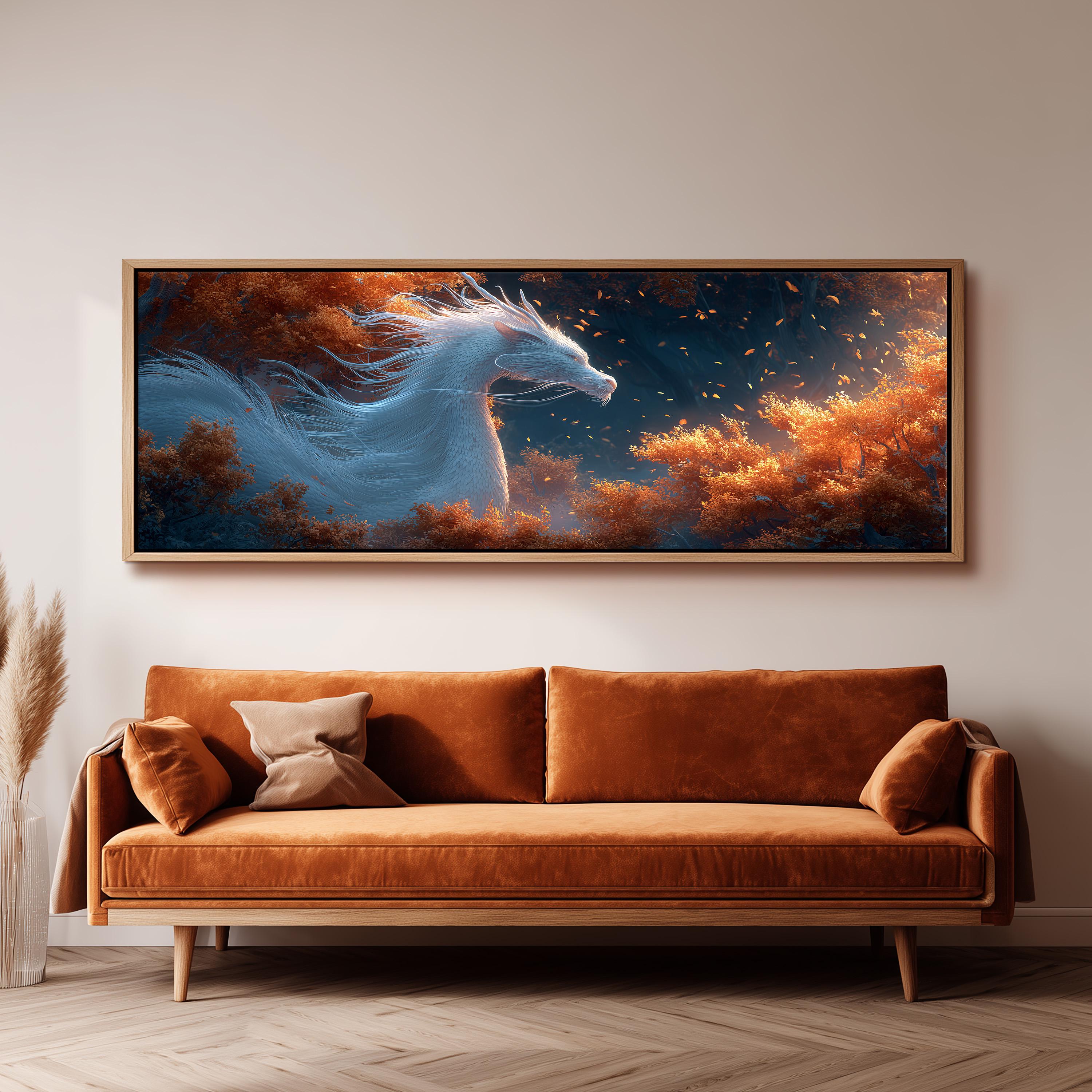 a large, vibrant painting of a fantastical creature, possibly a unicorn or a dragon, set against a backdrop of a forest with orange and blue hues. The creature appears to be in motion, with its head turned to the left. The painting is hung on a wall above a brown sofa, creating a striking visual focal point in the room.