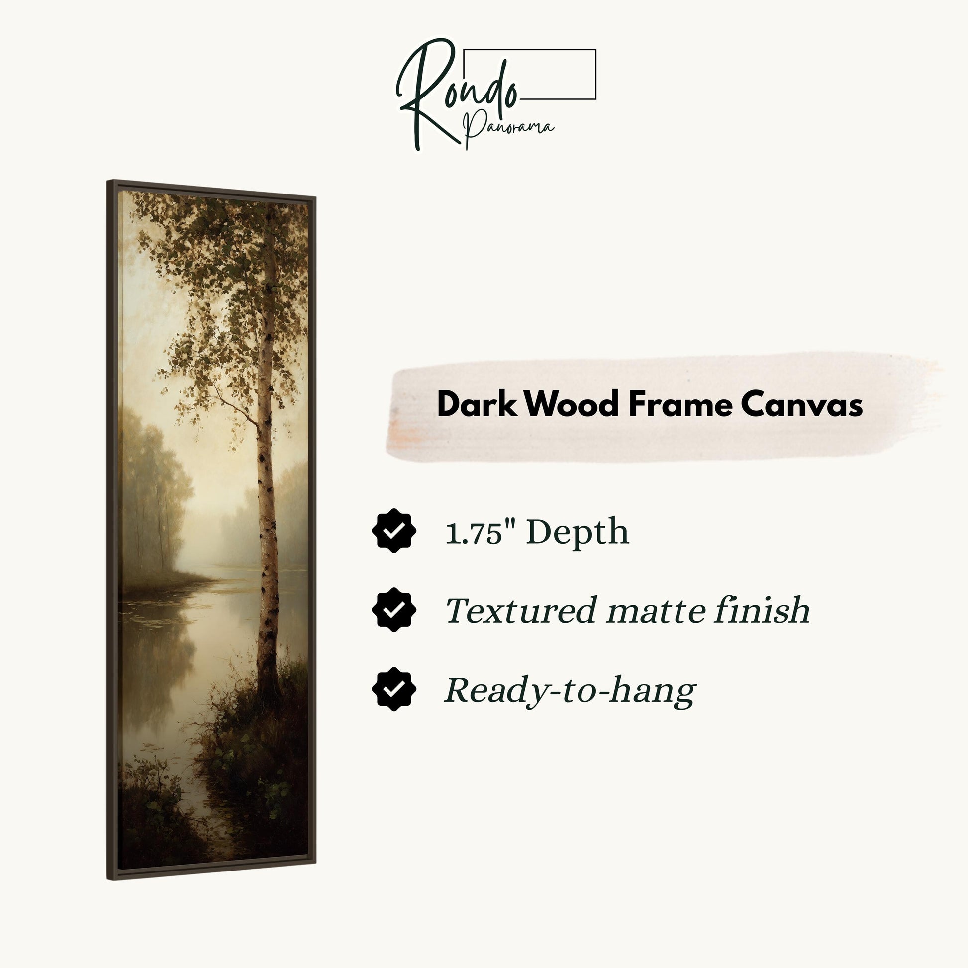 The image is a dark wood frame canvas depicting a serene landscape with a tree and a body of water.