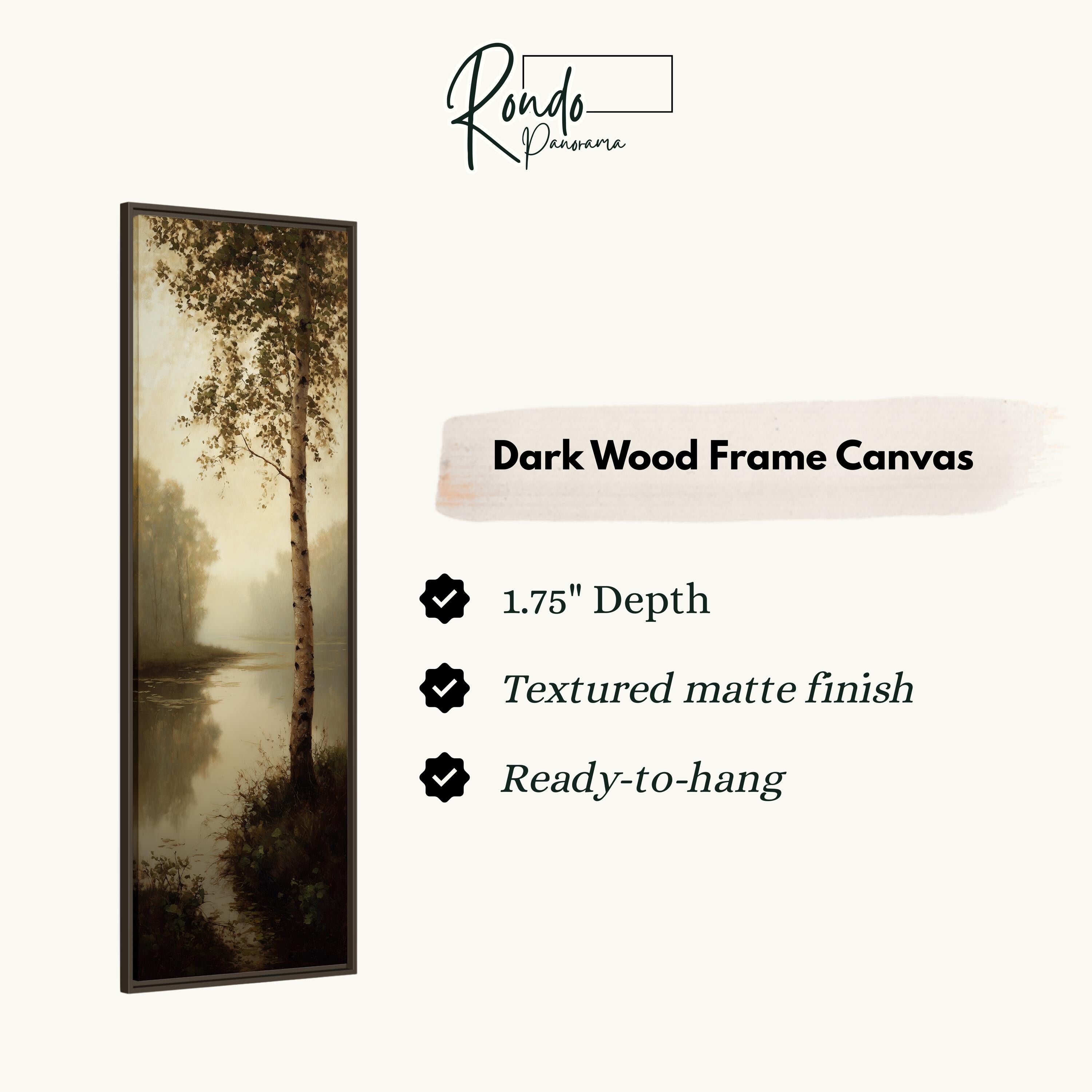 The image is a dark wood frame canvas depicting a serene landscape with a tree and a body of water.