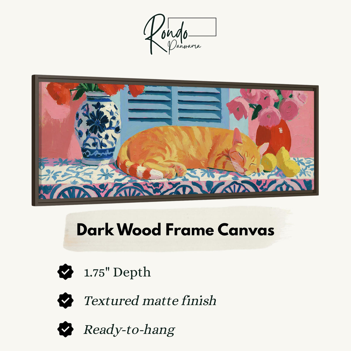 Orange cat napping on a tiled table canvas print in a dark wood floating frame