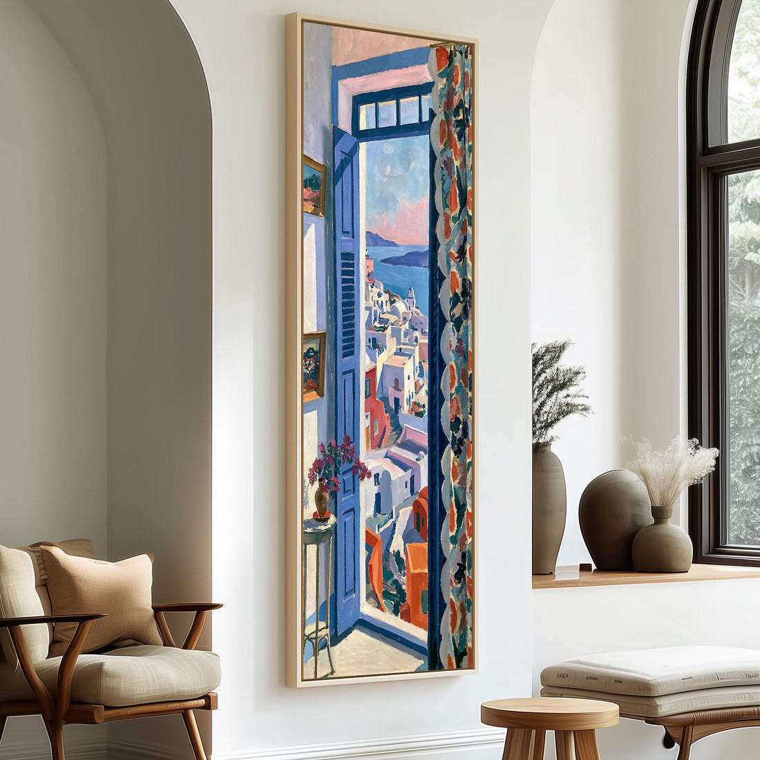 Santorini at sunset through a tall window long vertical canvas print in a sunlit living space