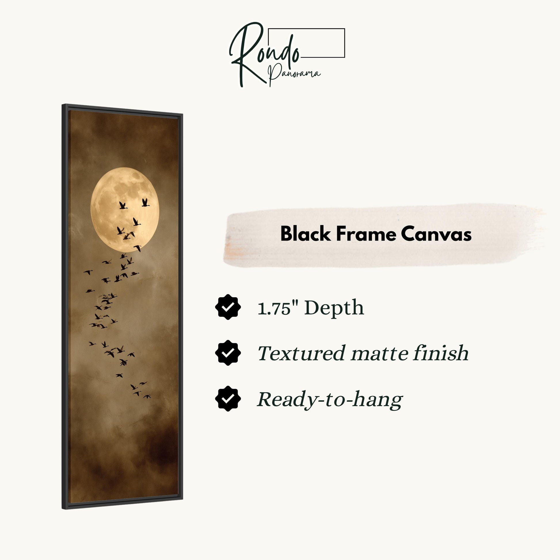 The image is a black frame canvas depicting a flock of birds flying against a backdrop of a full moon.