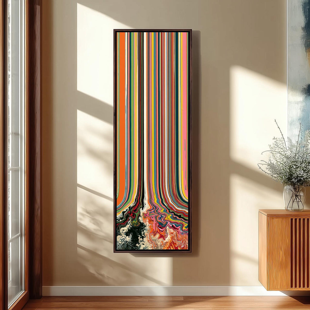 Rainbow stripes melting into swirls tall skinny canvas print in a sunlit living space