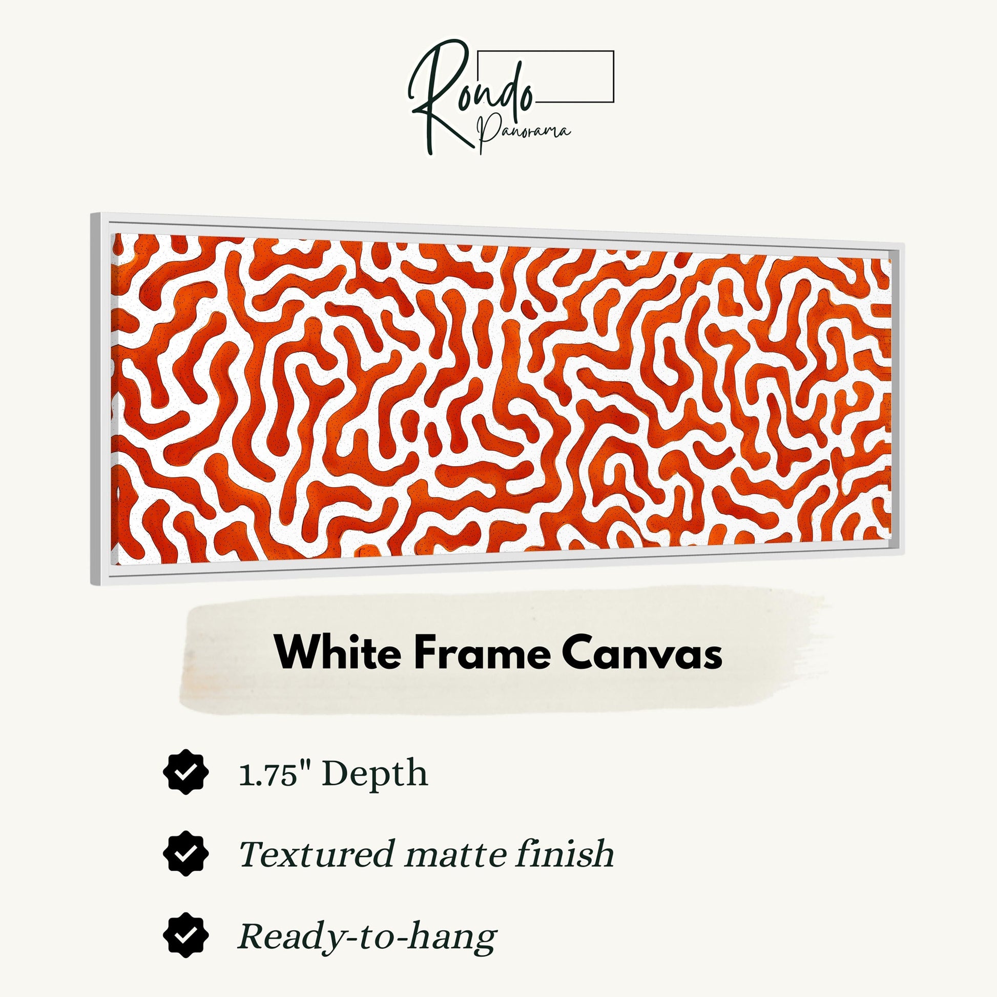 a white frame canvas with a marbled pattern in shades of orange and white. The canvas has a 1.75" depth and is textured with a matte finish. It is ready to hang and is described as a "White Frame Canvas".