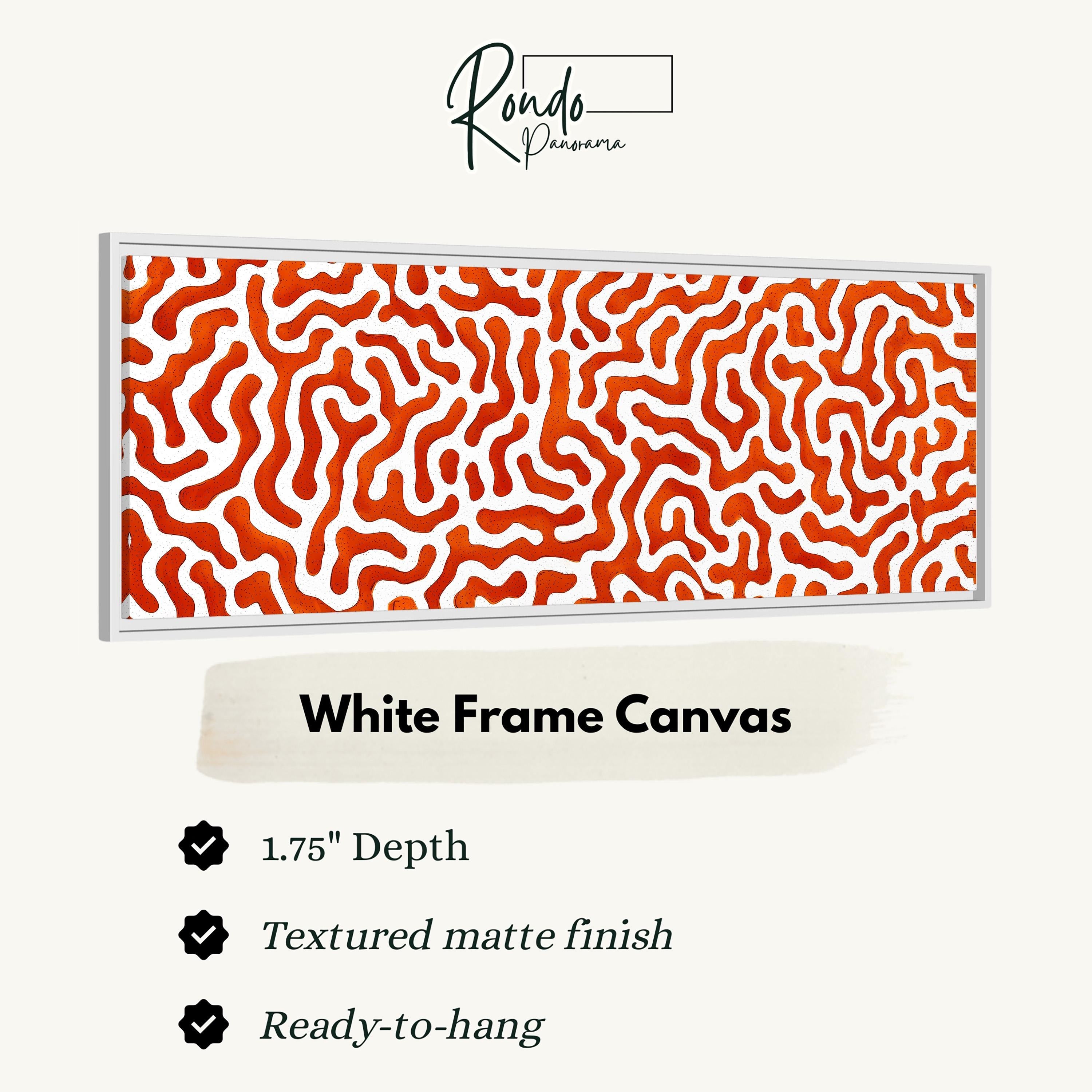 a white frame canvas with a marbled pattern in shades of orange and white. The canvas has a 1.75" depth and is textured with a matte finish. It is ready to hang and is described as a "White Frame Canvas".
