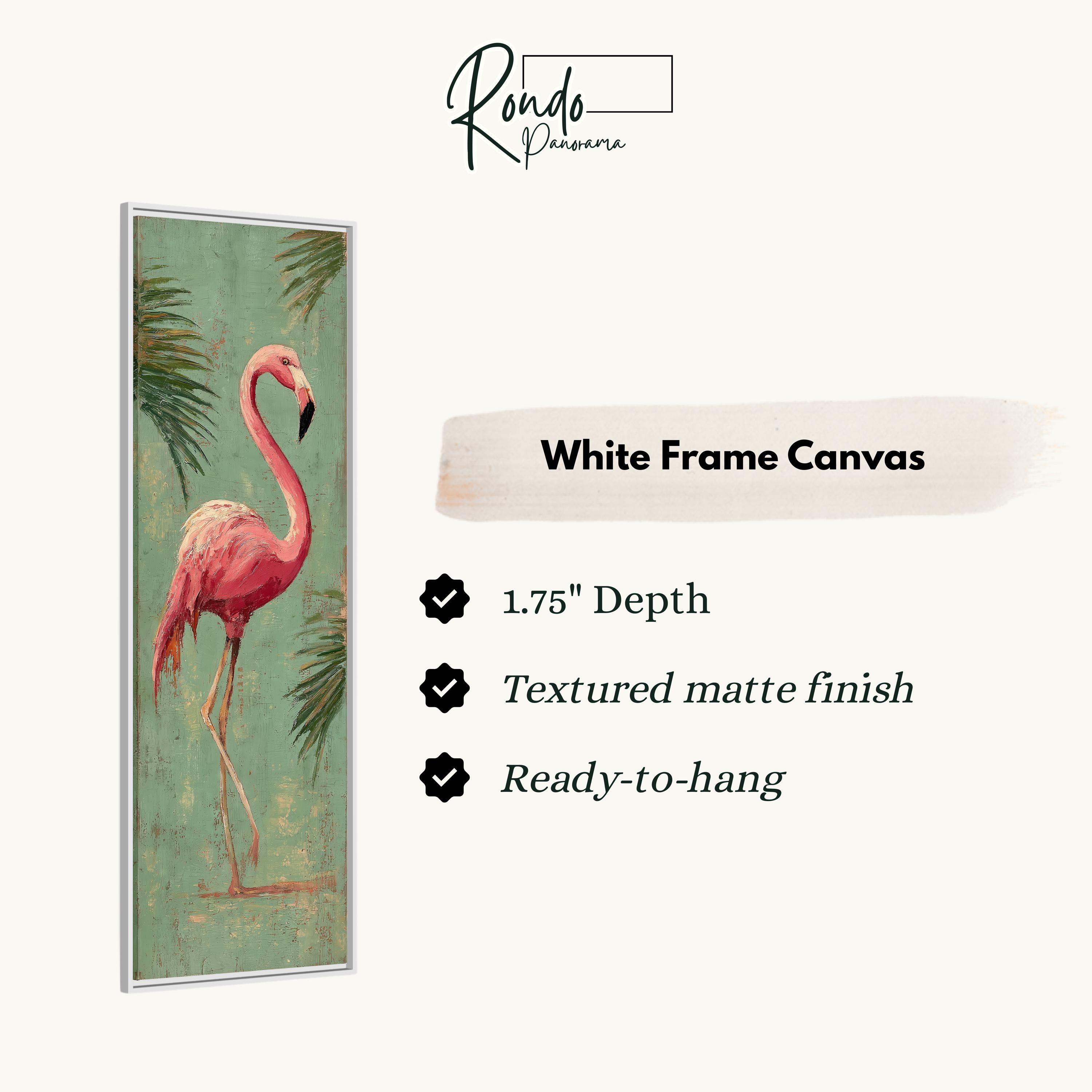 a white frame canvas with a pink flamingo standing on one leg against a green background with palm leaves.