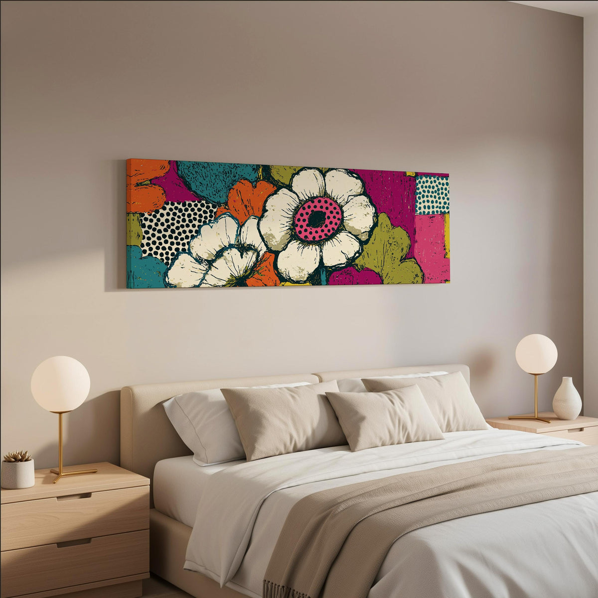 Bold pop blossoms wide panoramic canvas print above a bed in a neutral bedroom