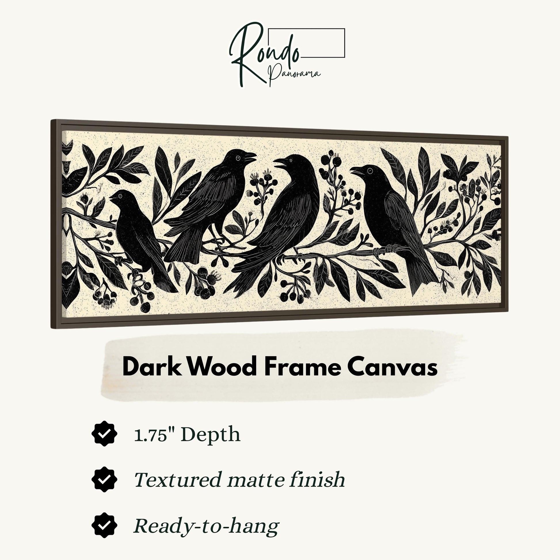 The image is a framed artwork depicting a group of black birds perched on branches with leaves and berries. The artwork is described as a "Dark Wood Frame Canvas" with a 1.75" depth, a textured matte finish, and a ready-to-hang feature.