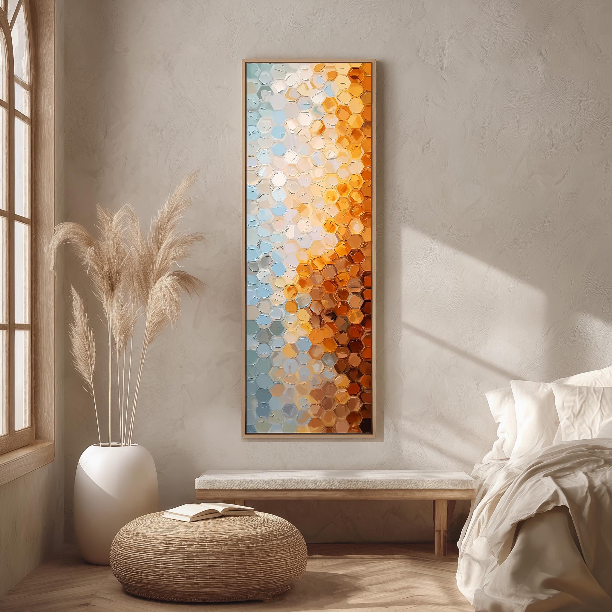 a serene and modern bedroom with a large abstract painting hanging on the wall, a white bed with a white pillow, a white ottoman, and a potted plant.