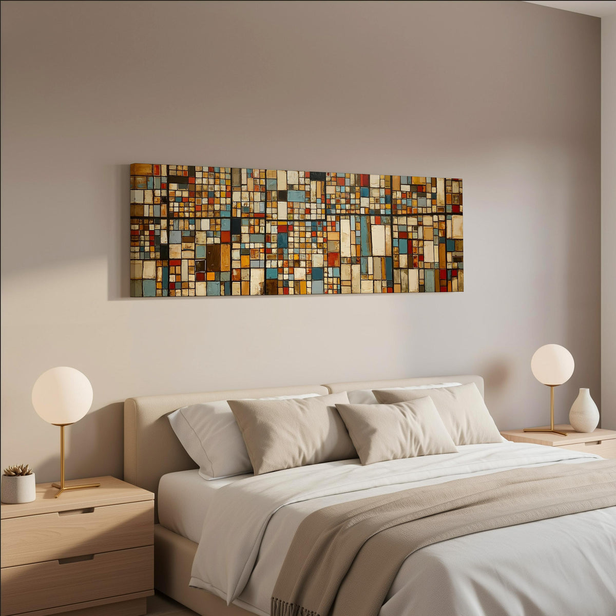 Earth tone mosaic grid in blue and ochre wide panoramic canvas print above a bed in a neutral bedroom