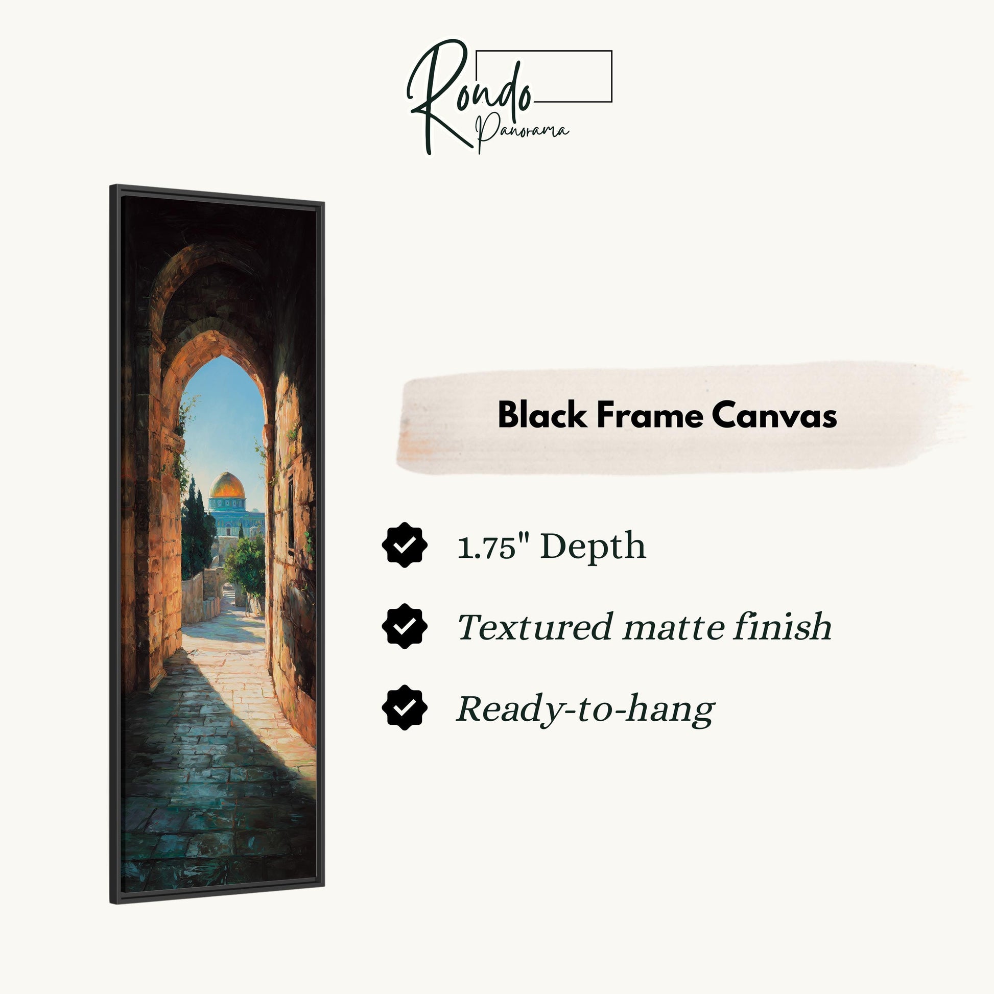 The image is a black frame canvas depicting a doorway leading to a courtyard with a dome in the background.