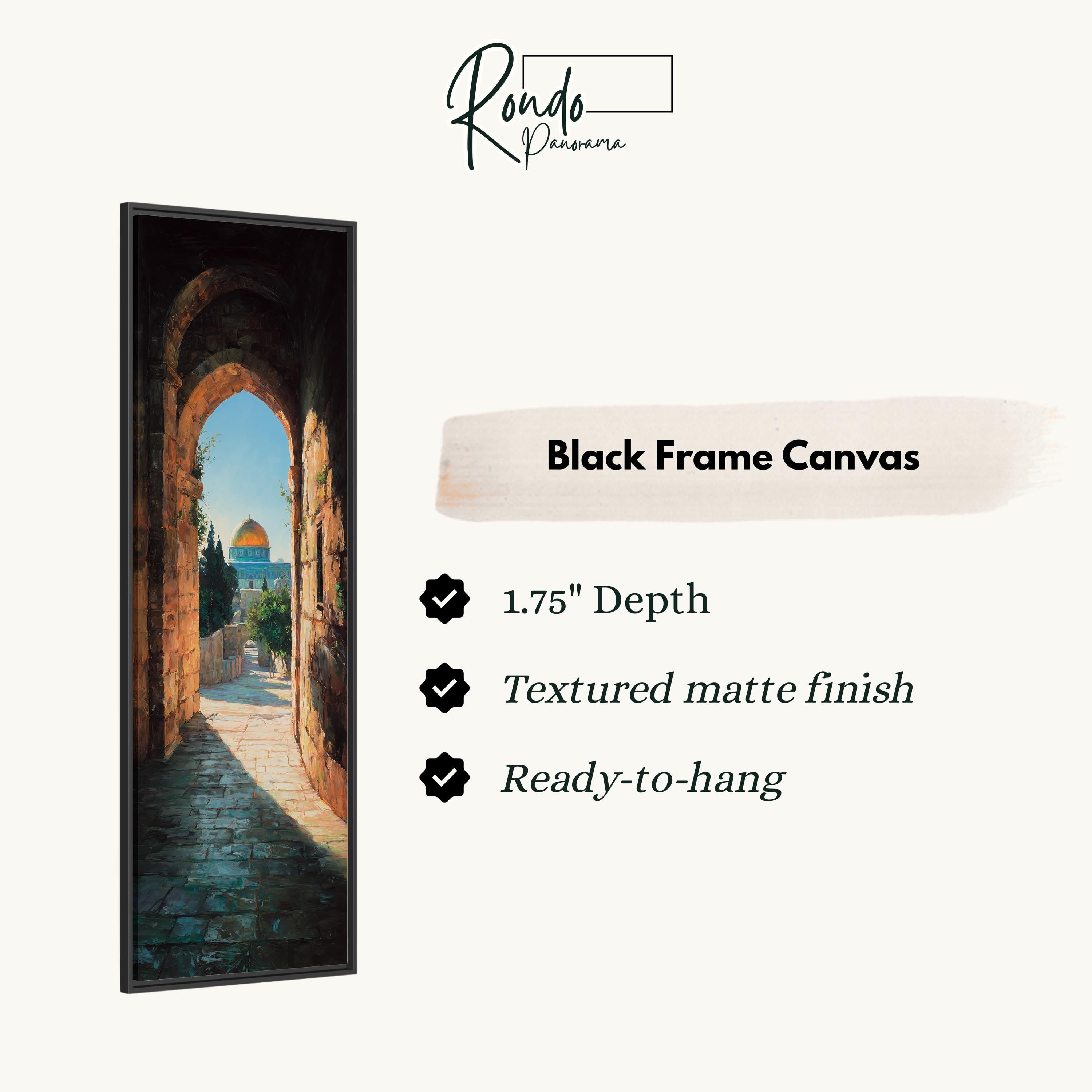 The image is a black frame canvas depicting a doorway leading to a courtyard with a dome in the background.