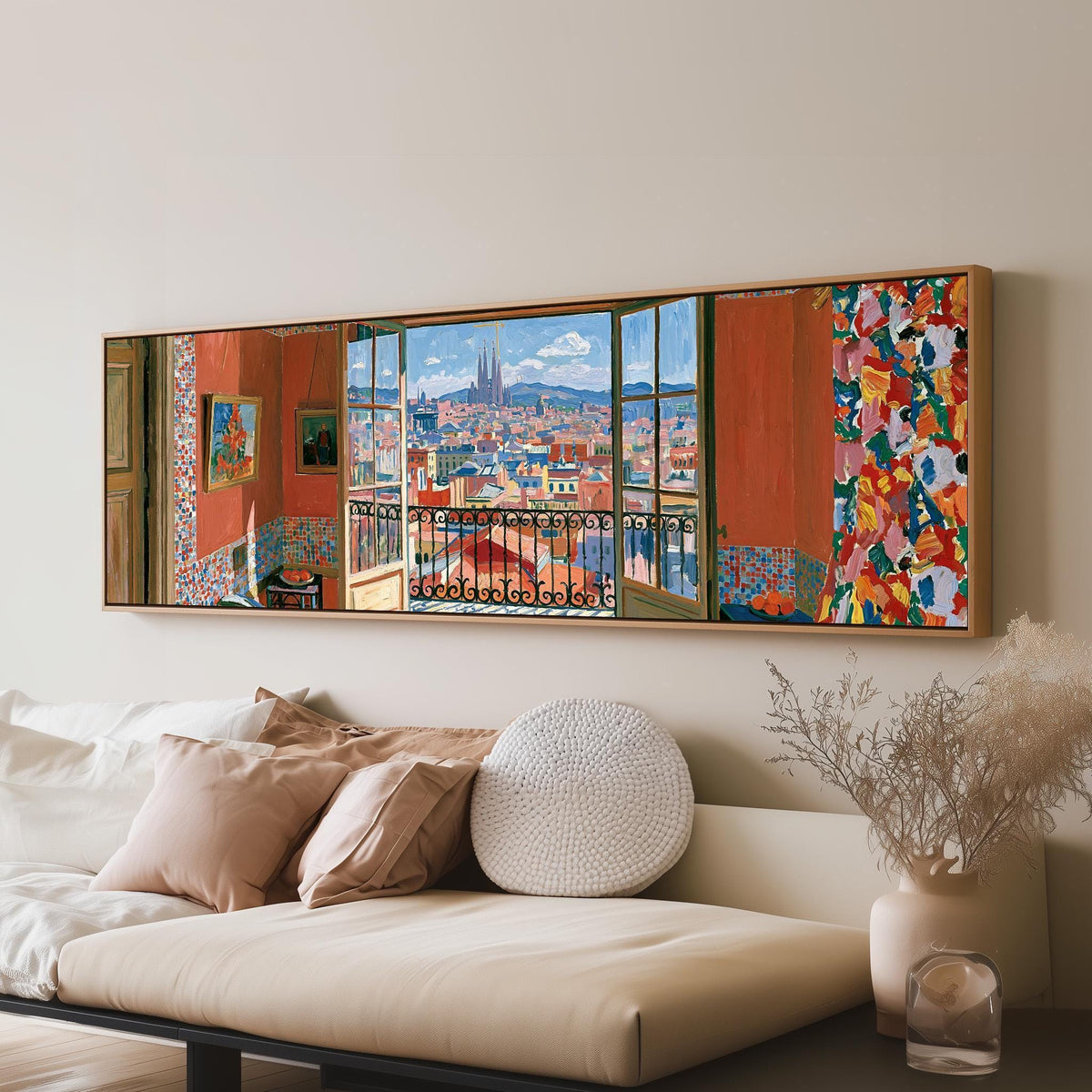 Barcelona seen through an open window long horizontal canvas print above a sofa in a living room