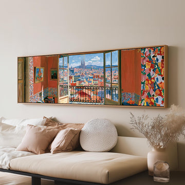 Barcelona seen through an open window long horizontal canvas print above a sofa in a living room