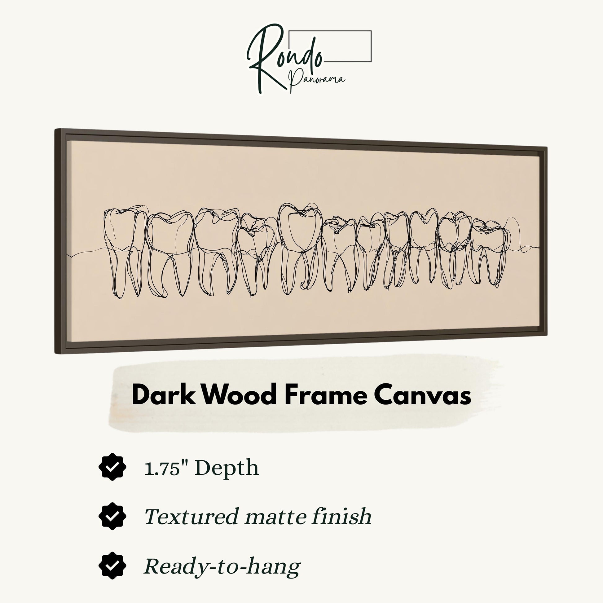 The image is a dark wood frame canvas depicting a line drawing of teeth.