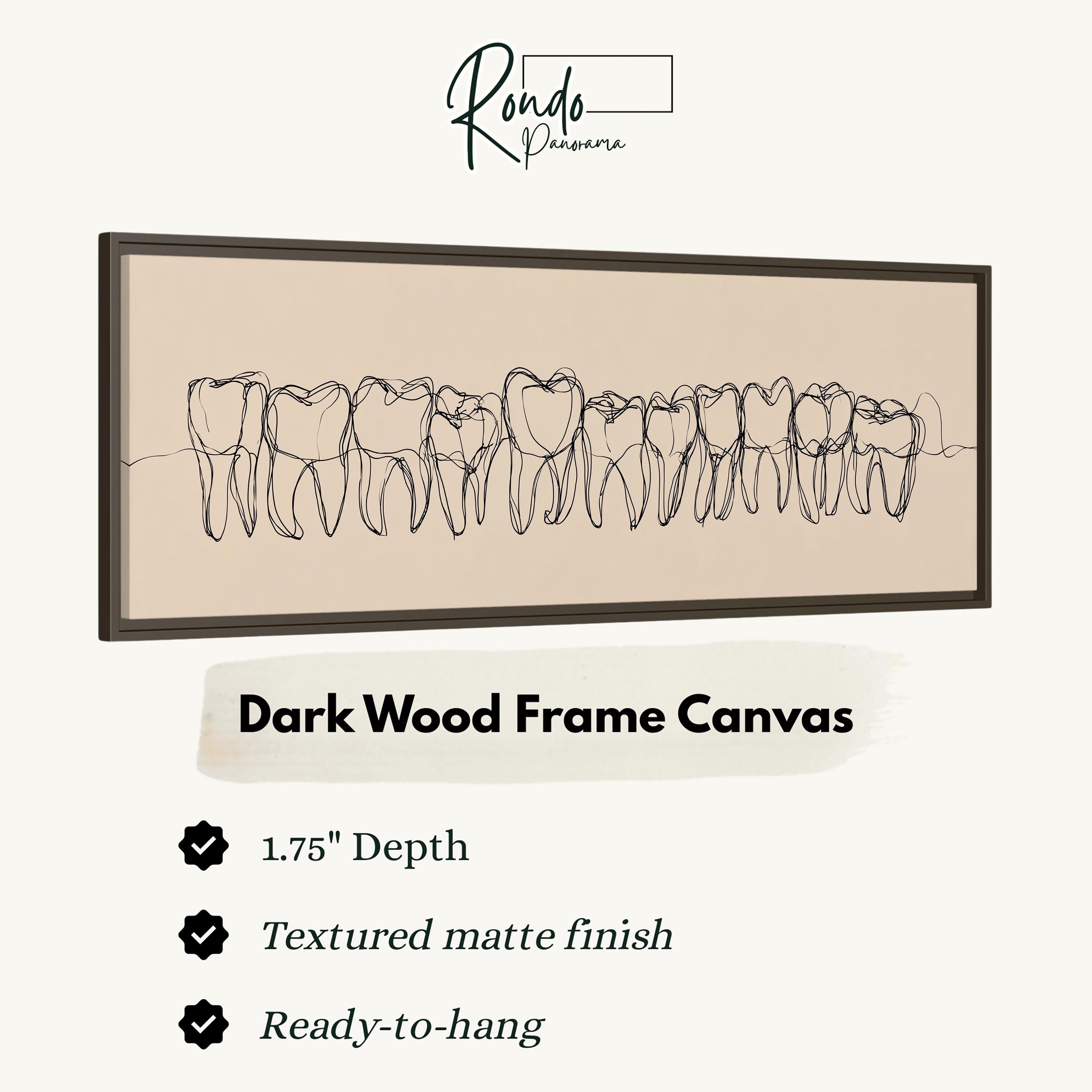 The image is a dark wood frame canvas depicting a line drawing of teeth.