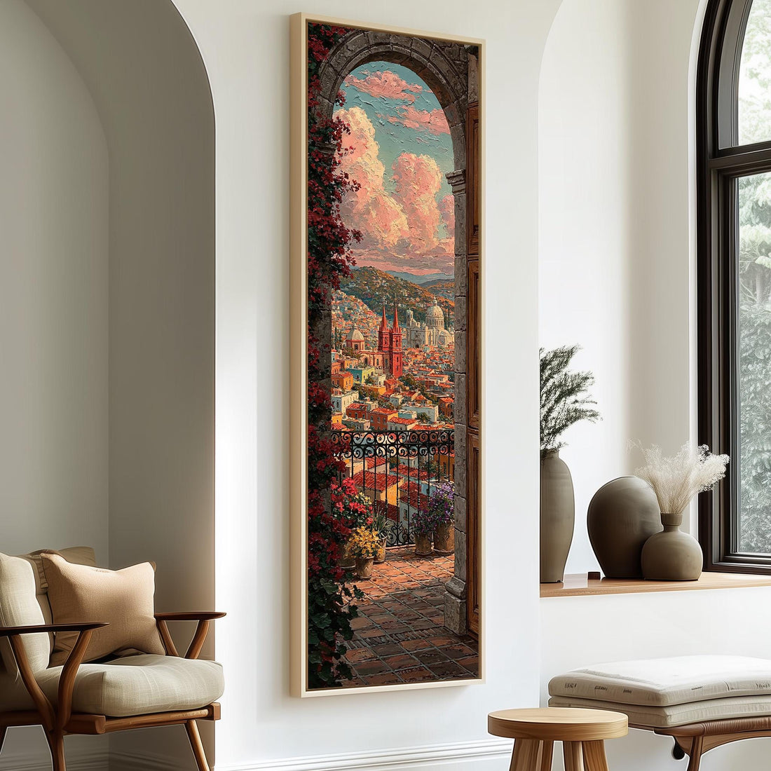 Colorful city view from a flowered balcony arch long vertical canvas print in a sunlit living space