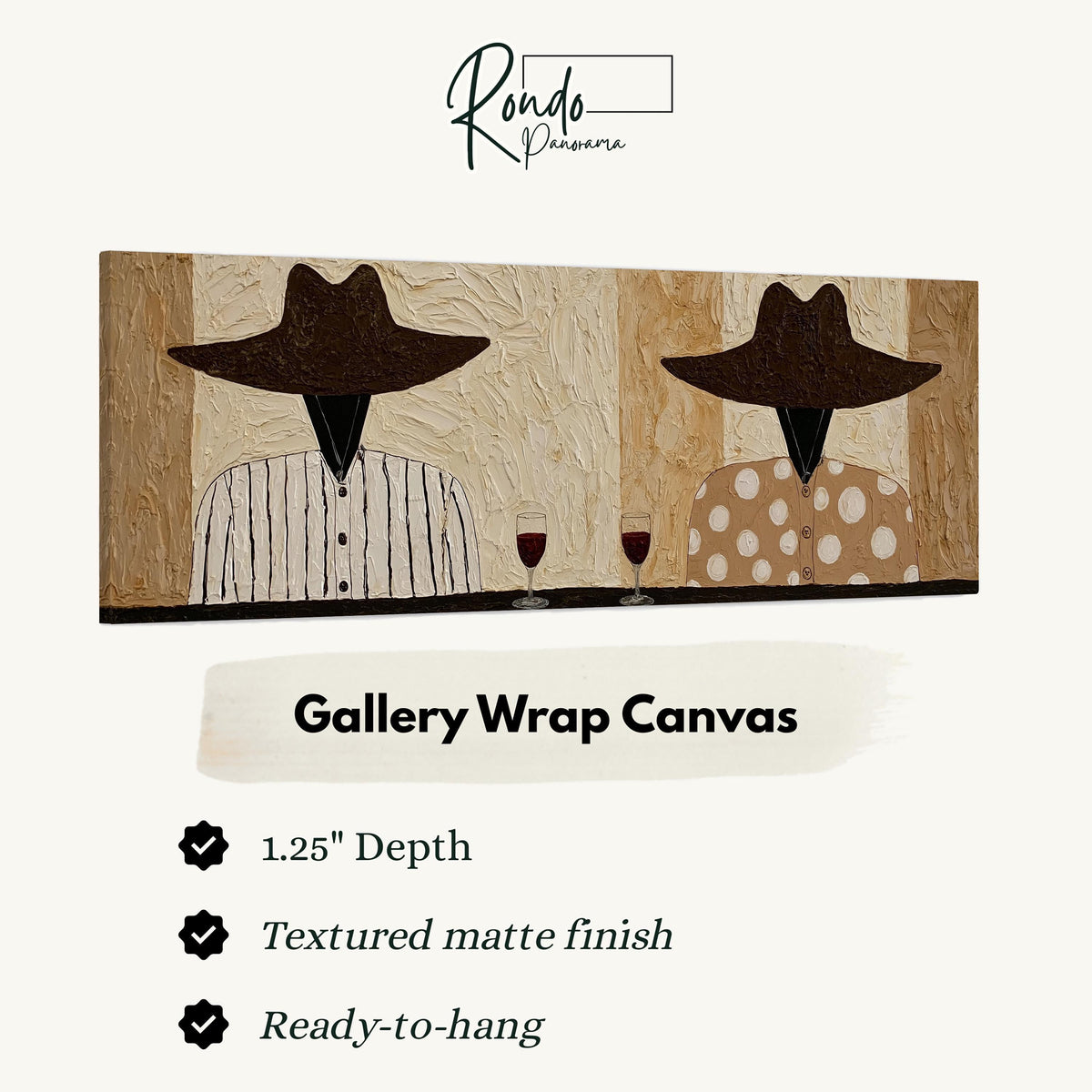 Two folk figures in hats toasting with red wine gallery wrap canvas with the image wrapped around the edges